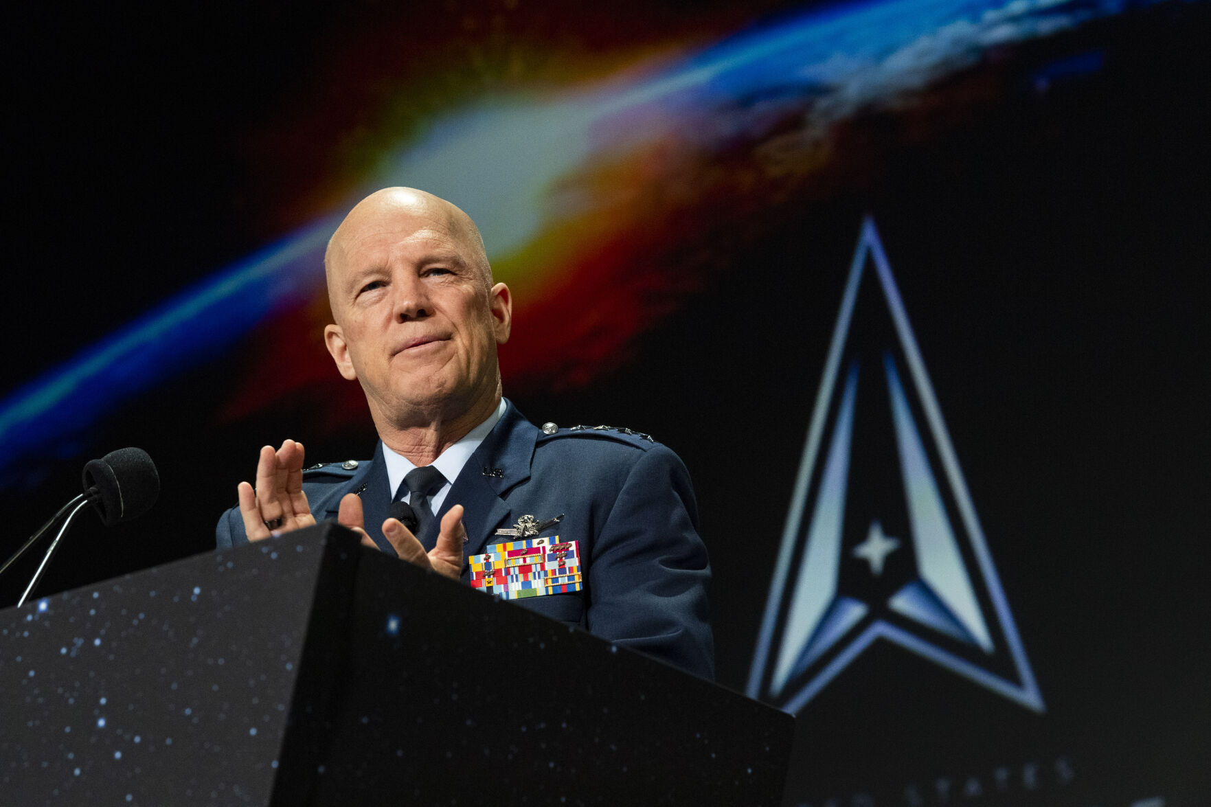 Gen. John W. “Jay” Raymond, Chief of Space Operations, U.S. Space Force, speaks Tuesday, April 5, 2022, during the 37th Space Symposium at The Boardmoor in Colorado Springs. (The Gazette, Christian Murdock) (Christian Murdock/The Gazette)