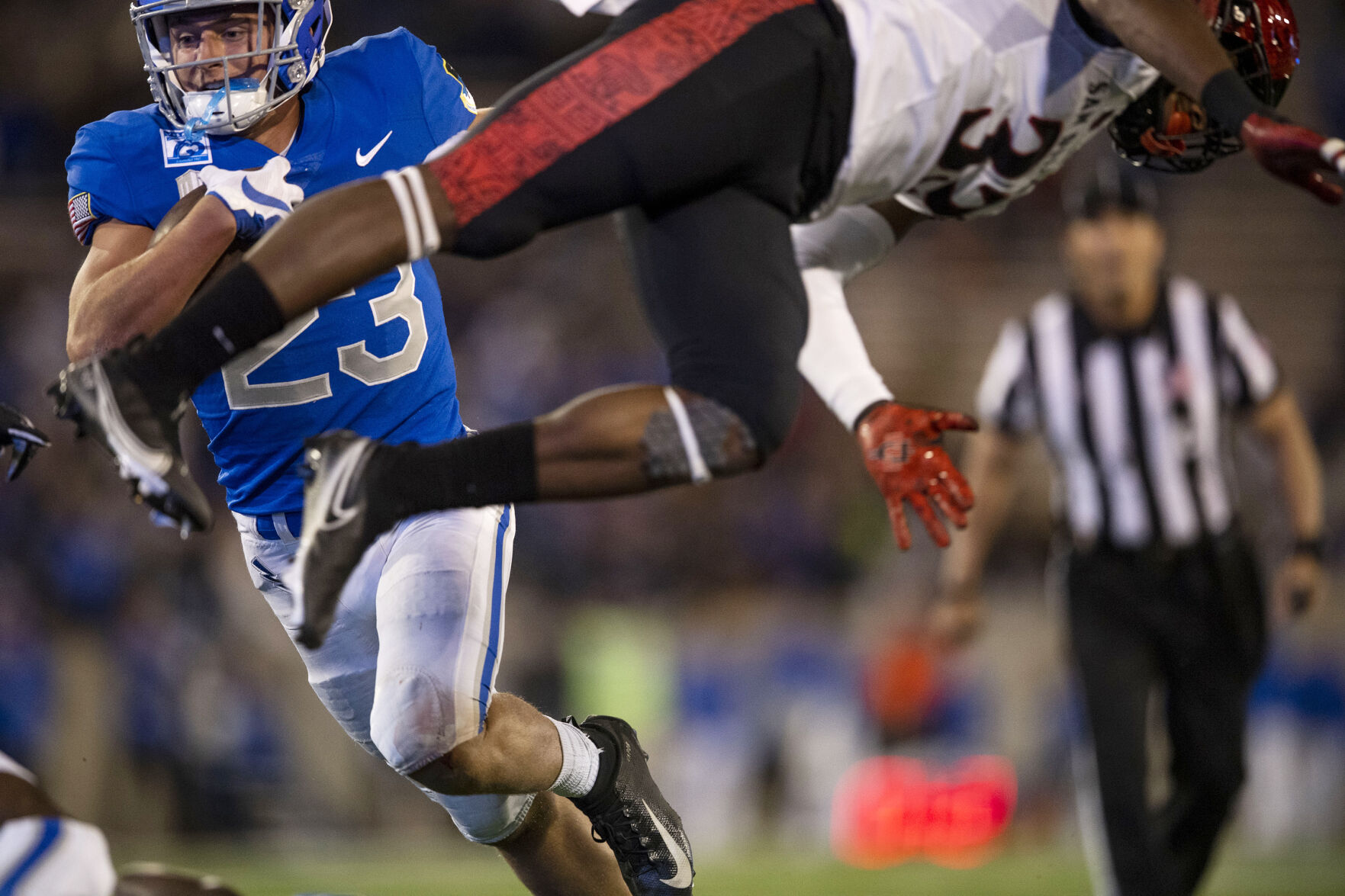 Air Force sophomore Dane Kinamon (23) scores a touchdown during the second half of the Air Force Falcons home game against the San Diego State Aztecs at Falcon Stadium at the United States Air Force Academy in Colorado Springs, Colo., on Saturday, Oct. 23, 2021. The Falcons lost the game to the Aztecs by a score of 20-14. (Chancey Bush / The Gazette) (Chancey Bush/ The Gazette)