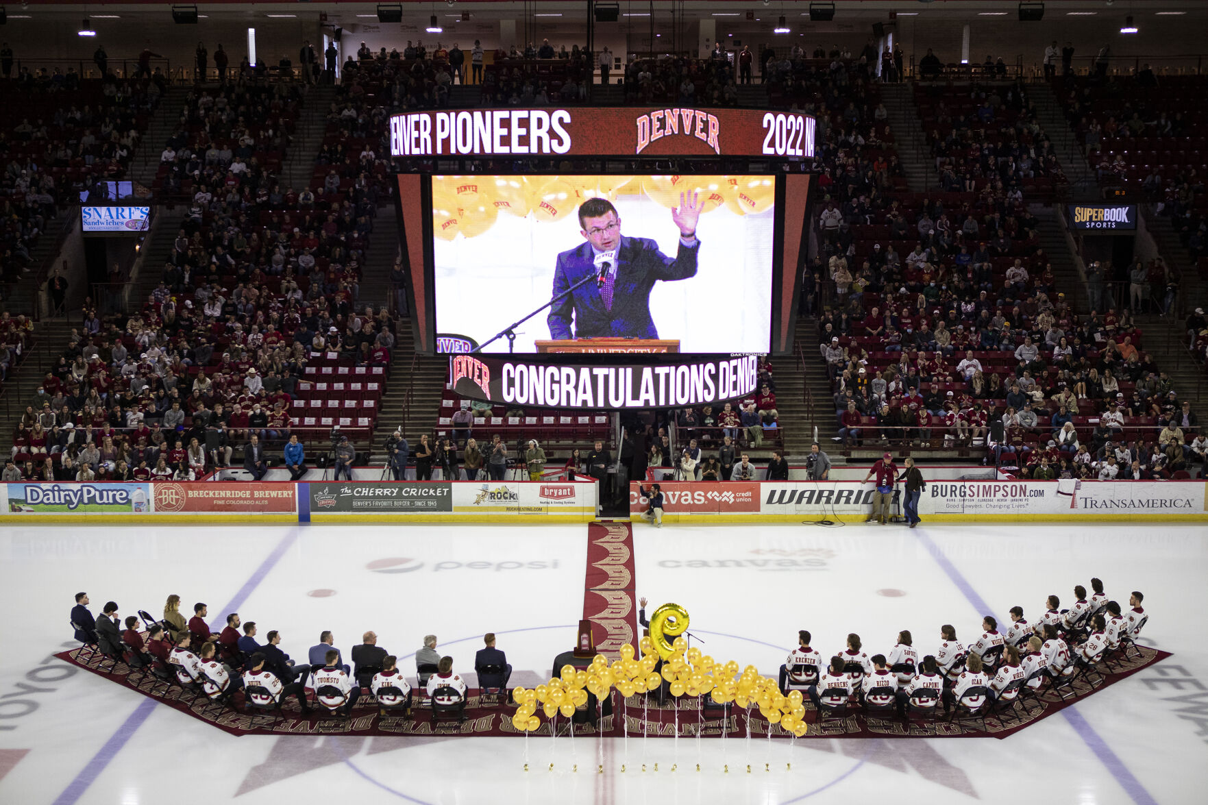 MC Avalanche play-by-play announcer Conor McGahey speaks during the 2022 National Championship Celebration for the University of Denver Men’s Hockey Team on Tuesday, April 12, 2022, at Magness Arena in Denver, Colo. (Timothy Hurst/The Denver Gazette) (Timothy Hurst, The Denver Gazette)