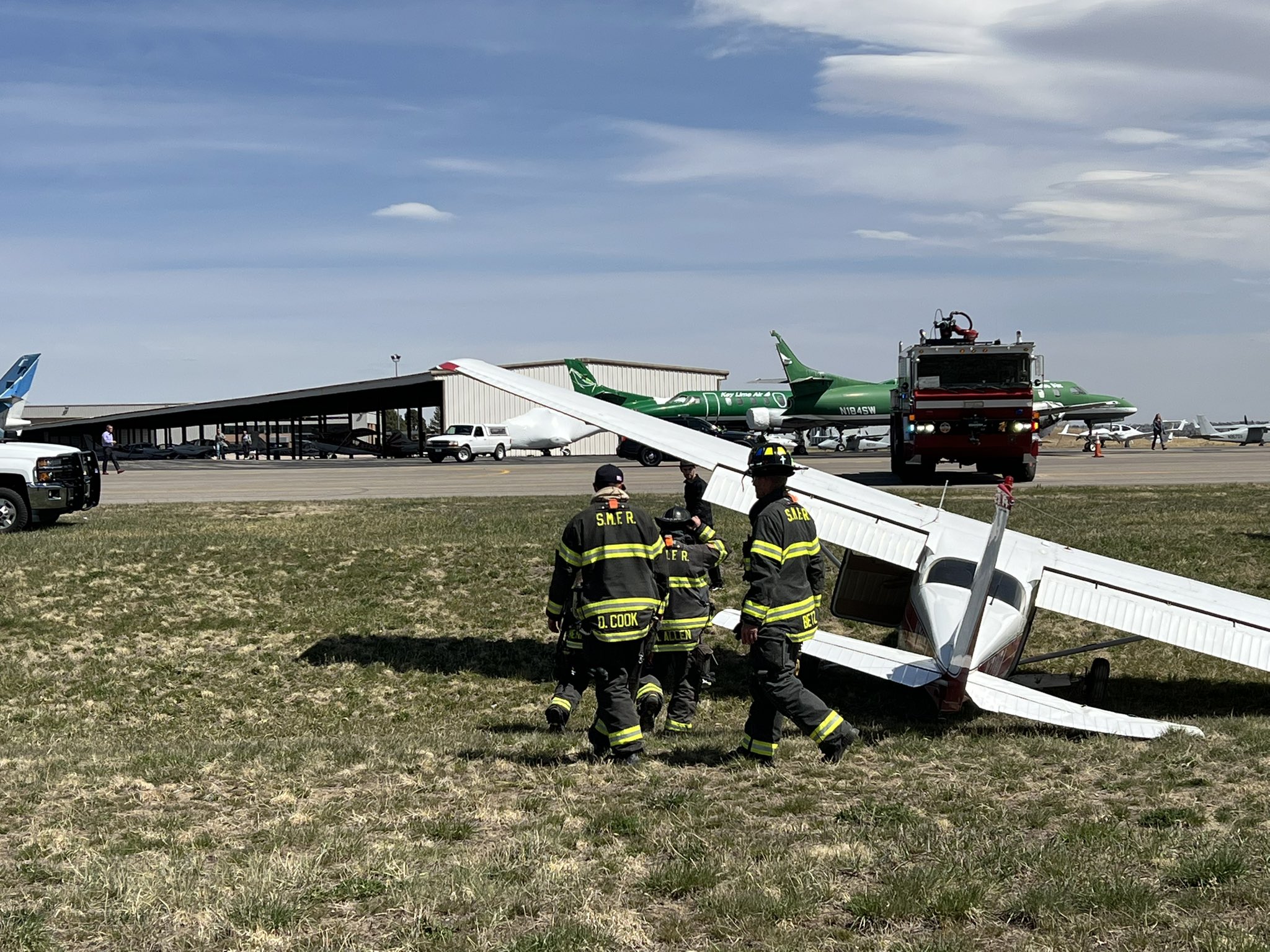 A Cessna 172 went off the runway while landing at Centennial Airport Tuesday morning. The wo people on board  were not injured. Photo courtesy South Metro Fire Rescue.
