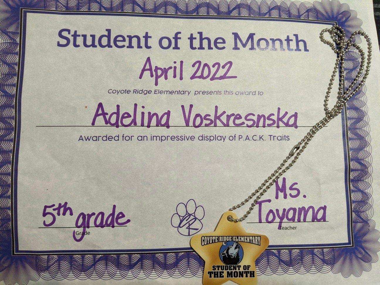 Adelina was chosen as Coyote Ridge High School's Student of the month for April even though she only started there a month ago. Her teacher said her classmates nominated her for her courage and for her smile even though everything was unfamiliar. (Olga Zaiss)