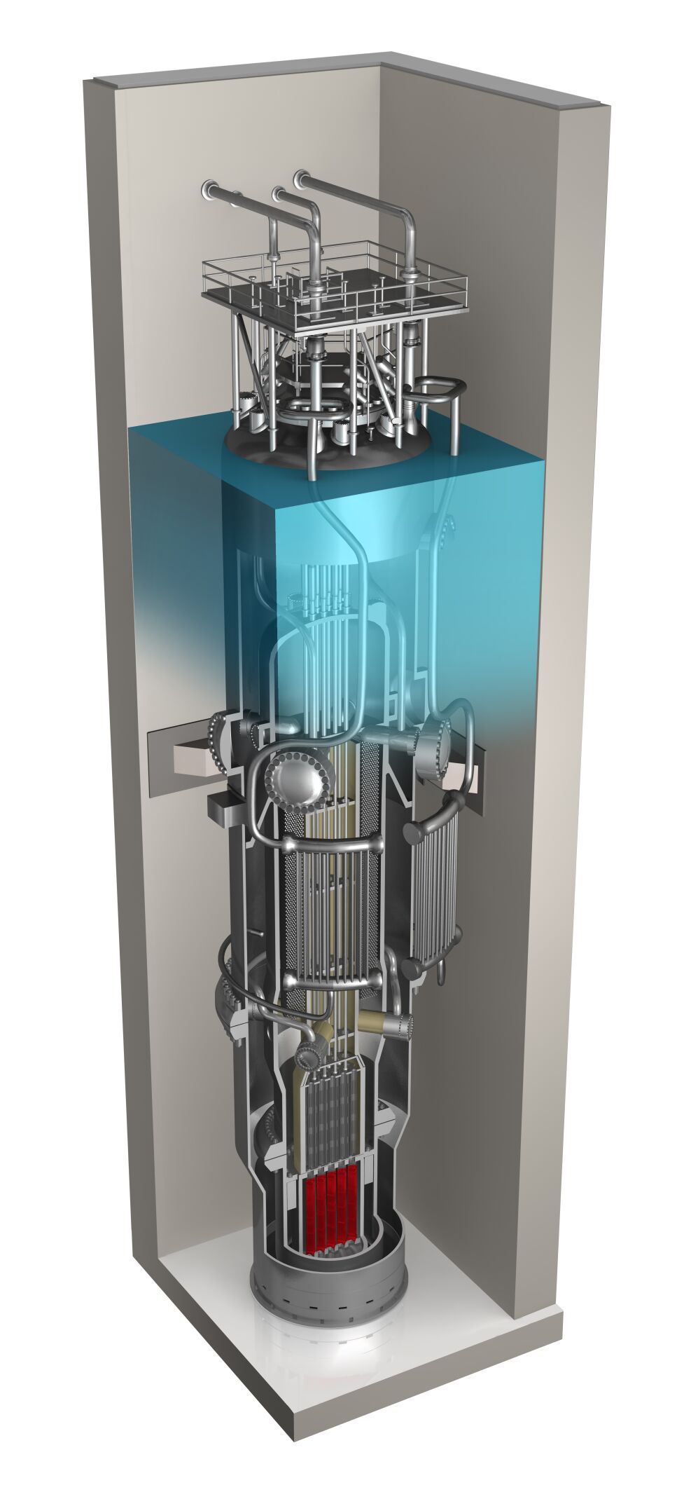 NuScale small modular reactor cutaway showing the internal components. The 77 MW reactor is 76 feet tall and 15 feet in diameter and is submerged in water to provide cooling during a module shutdown. As many as 12 modules can be installed in a single power plant. Individual modules can be taken offline for service or refueling while the others continue operating. (Courtesy of NuScale Power, LLC)