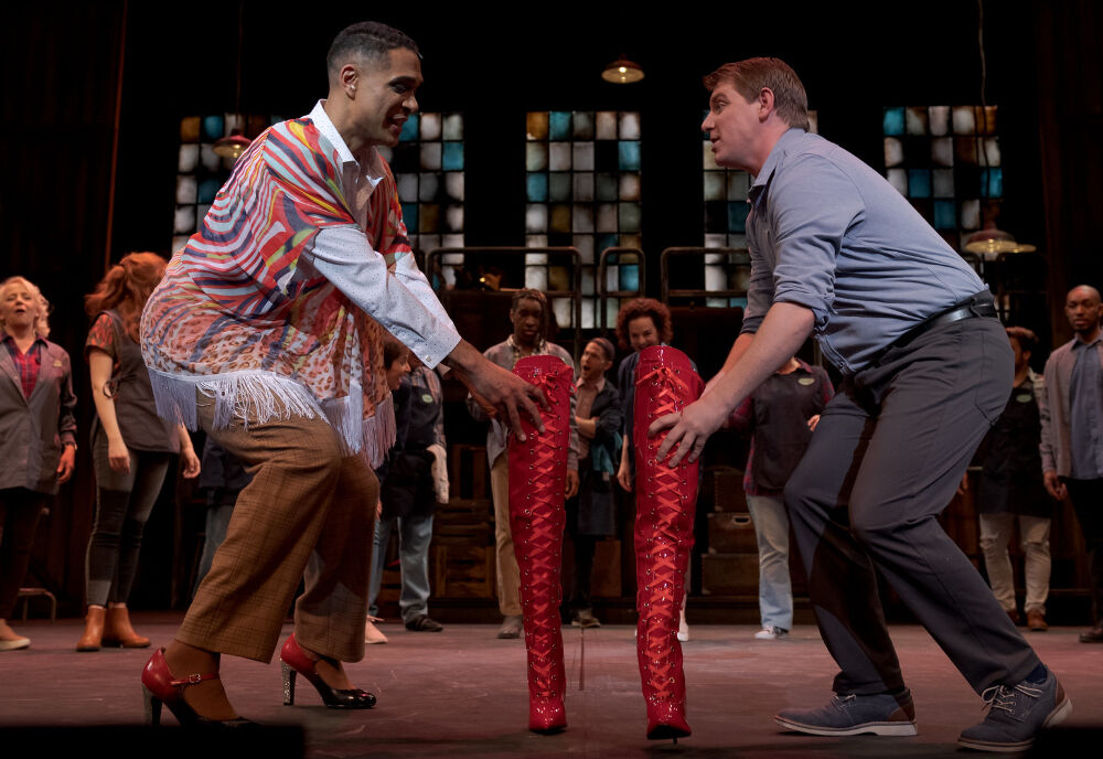 David Kaverman, left, and Tim Howard in the Arvada Center's 'Kinky Boots,' choreographed by Kitty Skillman Hilsabeck. (Matt Gale Photography)