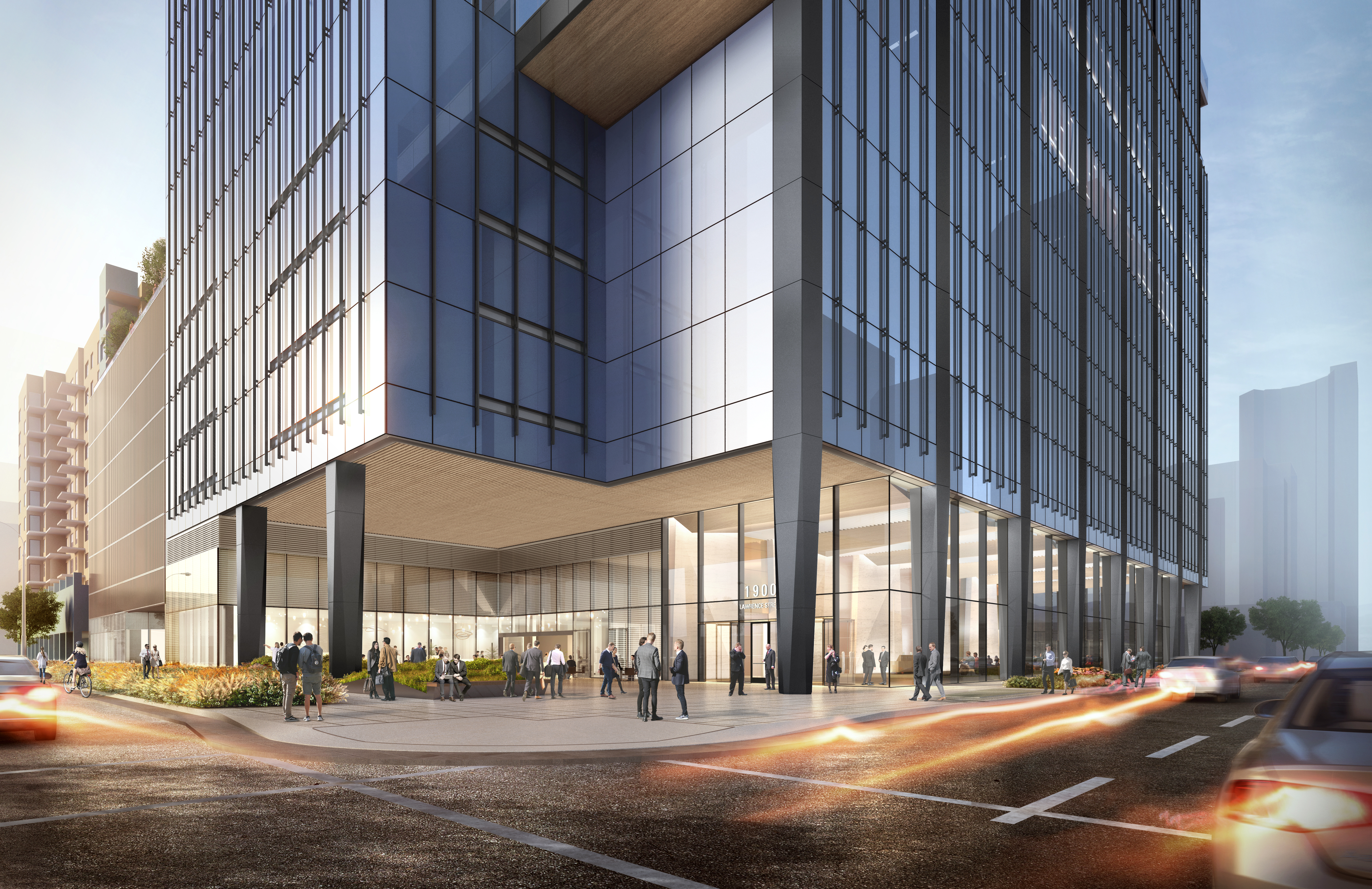 Rendering of the under-construction, 30-story office tower at 1900 Lawrence St., Denver, being built by Chicago-based Riverside Investment & Development Co. This shows the lobby and ground-floor retail space. (Courtesy of Riverside Investment & Development Co.)