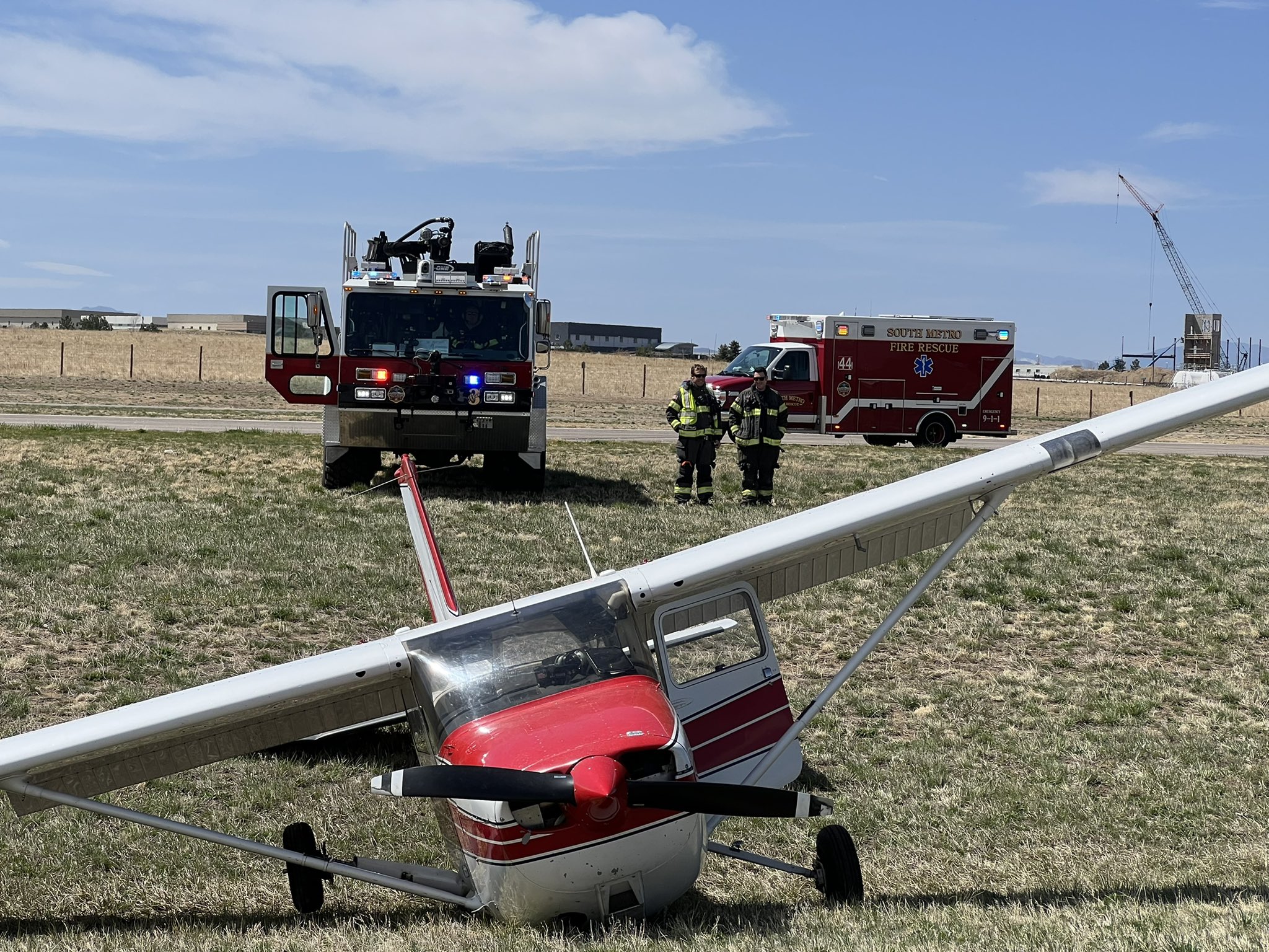 A Cessna 172 went off the runway while landing at Centennial Airport Tuesday morning. The wo people on board  were not injured. Photo courtesy South Metro Fire Rescue.