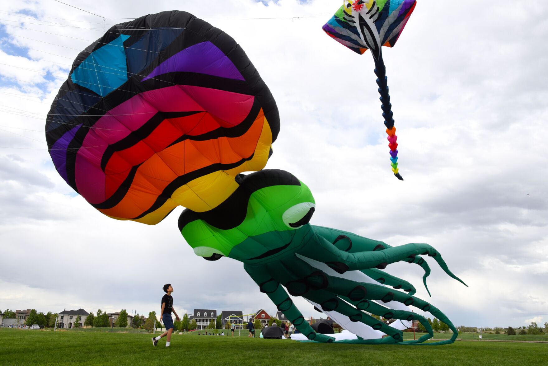 Kathryn Scott A windy Sunday afternoon enticed Rebecca Nelson Reed to Denver’s Central Park to fly her kites, a cuttlefish measuring 100 feet long, and a manta ray at 50 feet on May 23, 2021. Owen Baumgartner, 11, walking in the park, came to get a closer look. (Kathryn Scott)