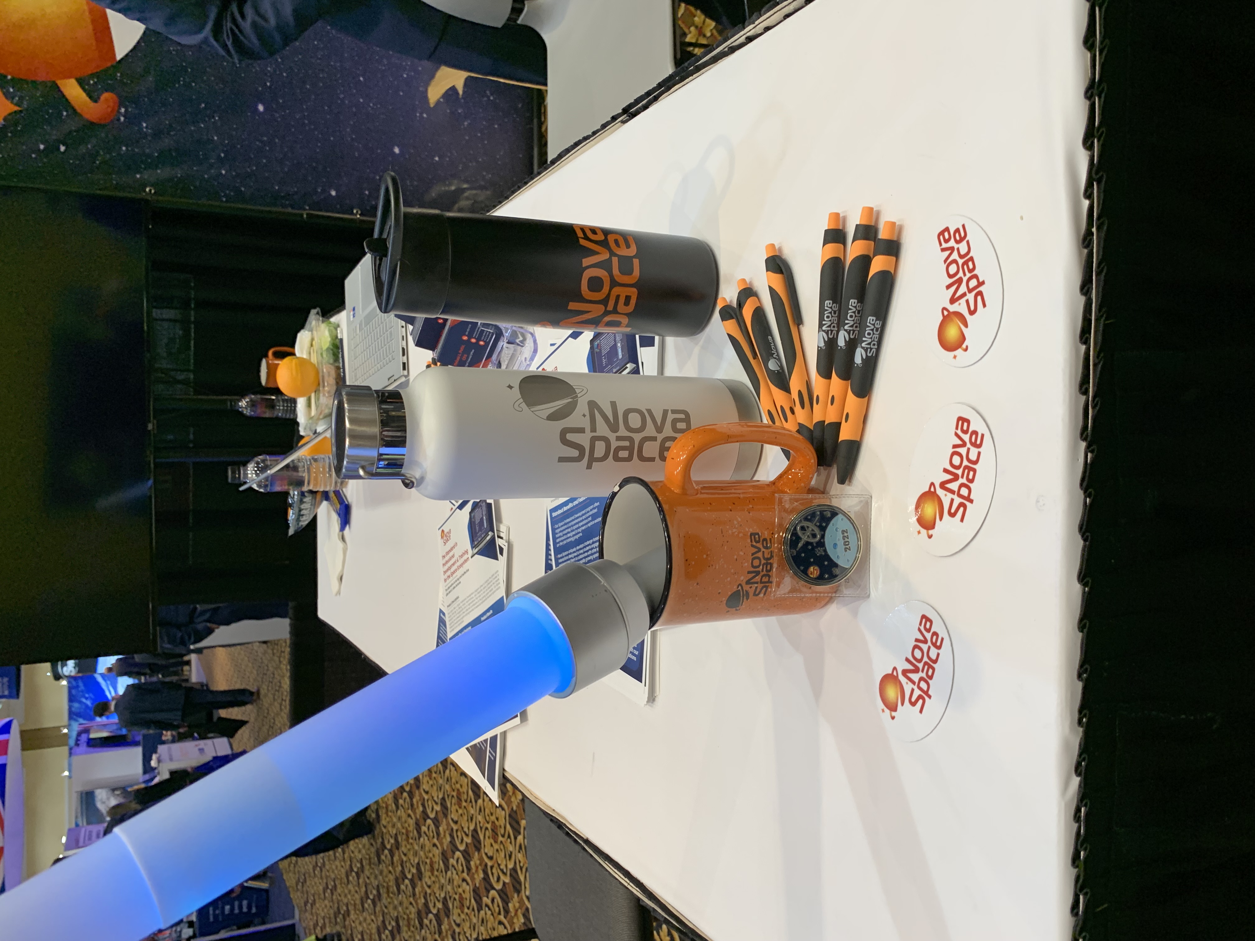 The swag, branded merchandise, Nova Space Inc. officials handed out at their booth at the 37th Space Symposium in Colorado Springs last week. (DENNIS HUSPENI/THE DENVER GAZETTE)