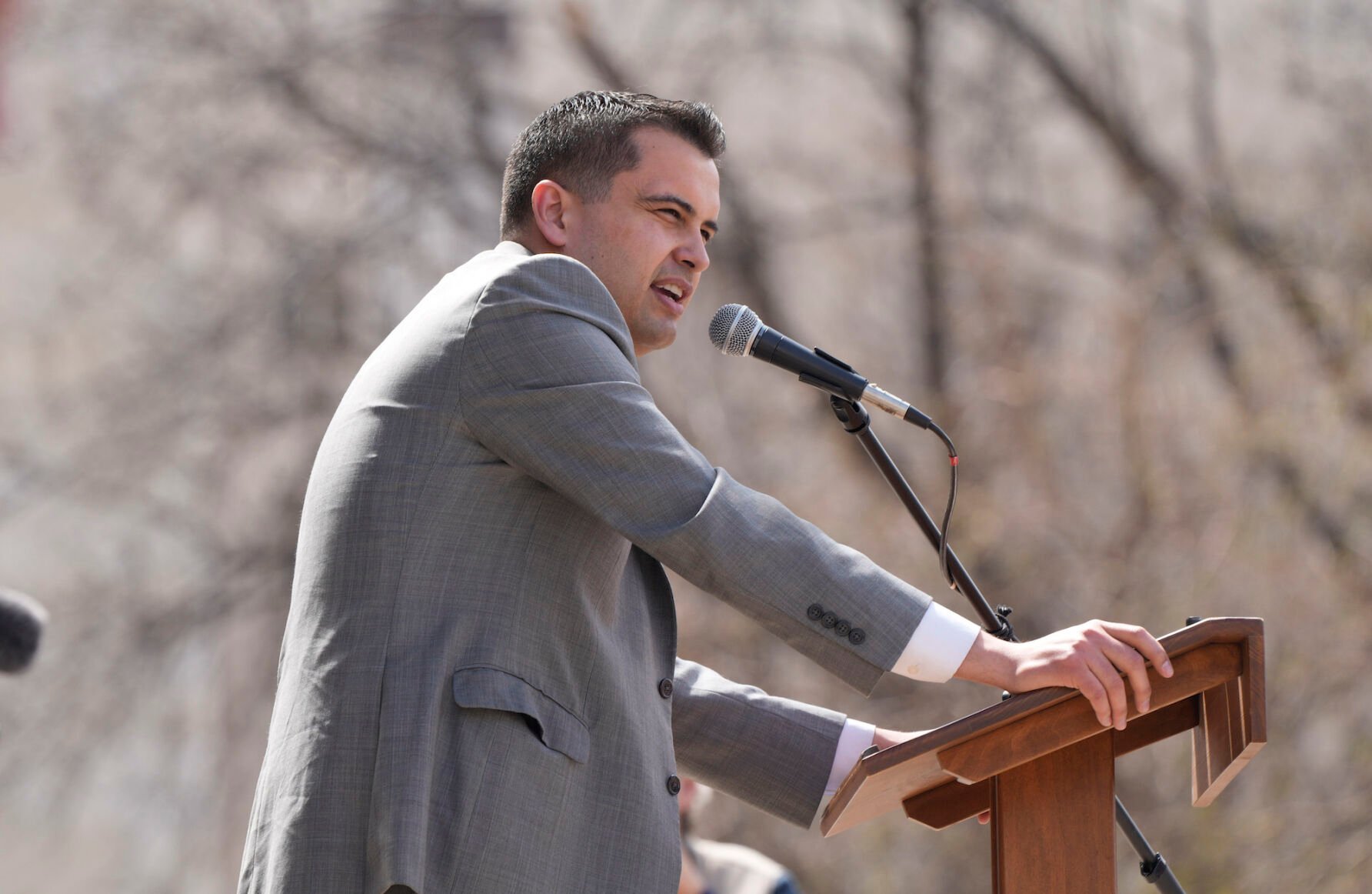 Colorado state Rep. Dave Williams, R-Colorado Springs, speaks during a rally calling for free and fair elections in Colorado on Tuesday, April 5, 2022, on the west steps of the State Capitol in downtown Denver. ((AP Photo/David Zalubowski))