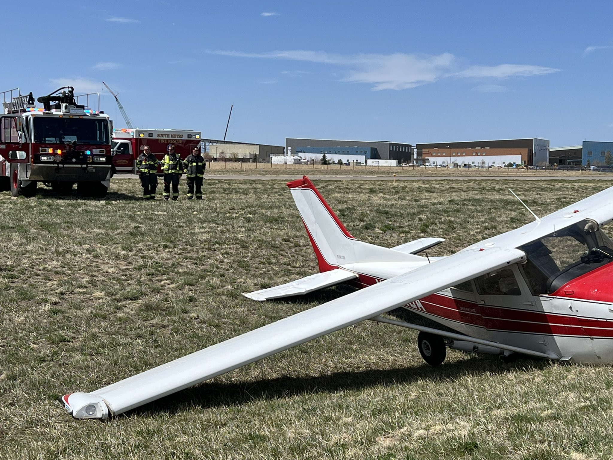 A Cessna 172 went off the runway while landing at Centennial Airport Tuesday morning. The wo people on board  were not injured. Photo courtesy South Metro Fire Rescue.