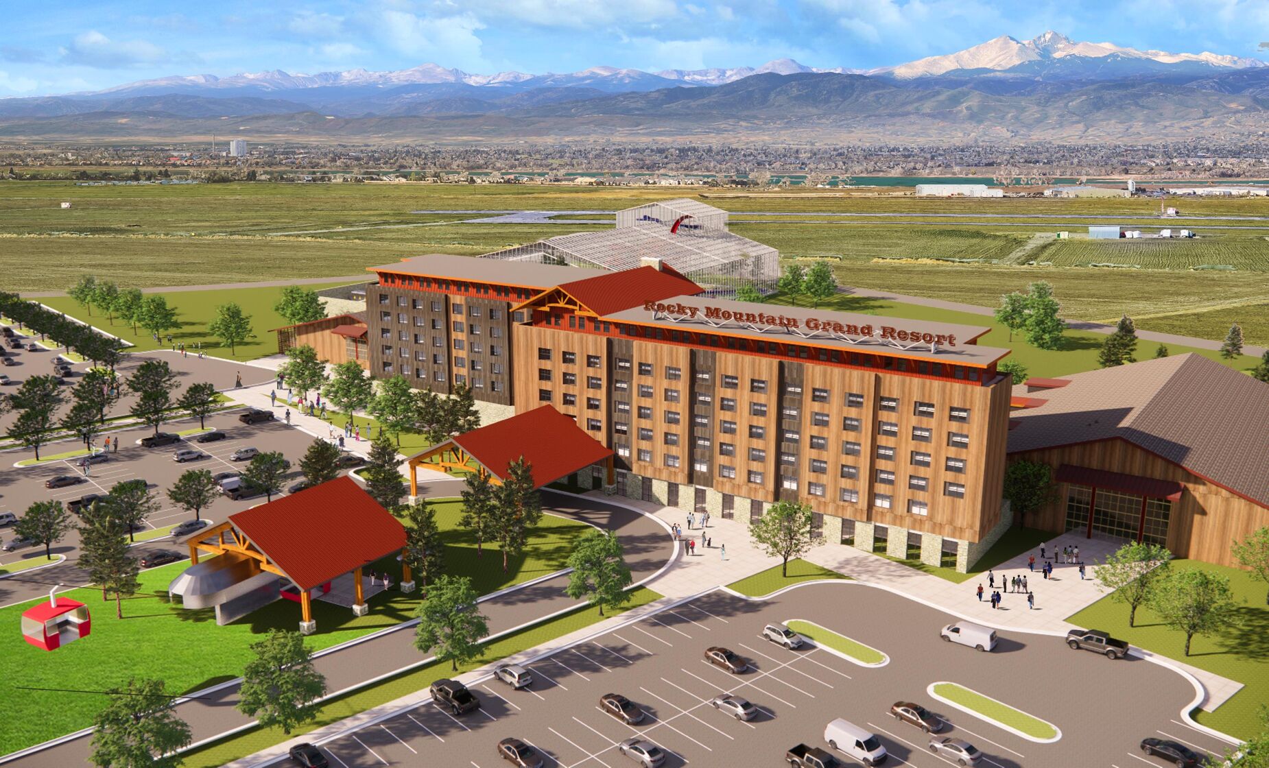 Rendering of the proposed Rocky Mountain Grand Resort and Conference Center, planned for a site near I-25 near at The Ranch Event Complex. Developer Water Valley Company plans include an 11-slide waterpark and a rooftop restaurant with a view of Long’s Peak. (Courtesy of Water Valley Company)