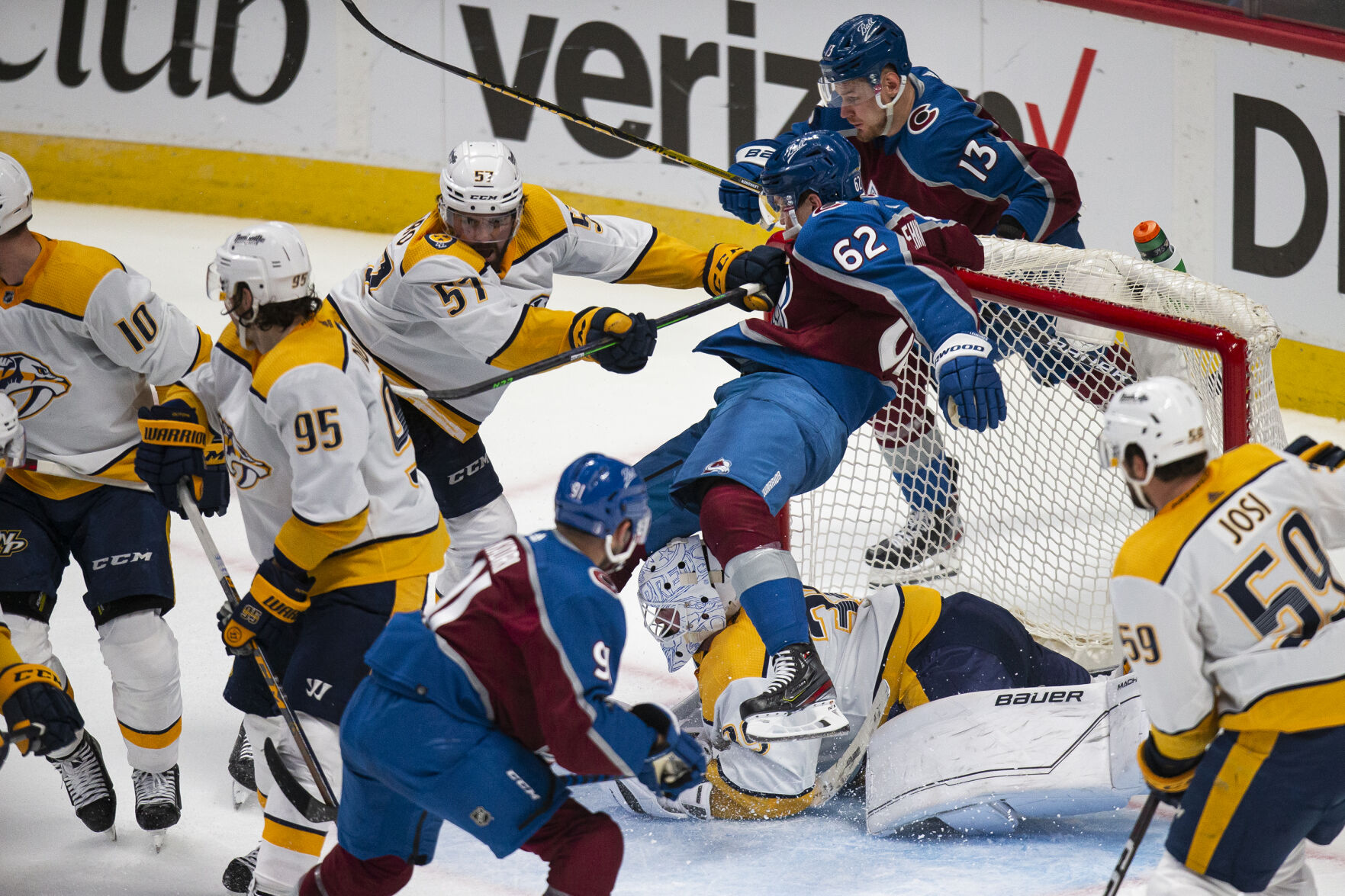 Colorado Avalanche leftwing Artturi Lehkonen (62) draws a goaltender interference penalty against Nashville Predators during the second period of Game 2 of the first round of the Stanley Cup Playoffs on Thursday, May 5, 2022, at Ball Arena in Denver, Colo. (Timothy Hurst/The Denver Gazette) (Timothy Hurst)