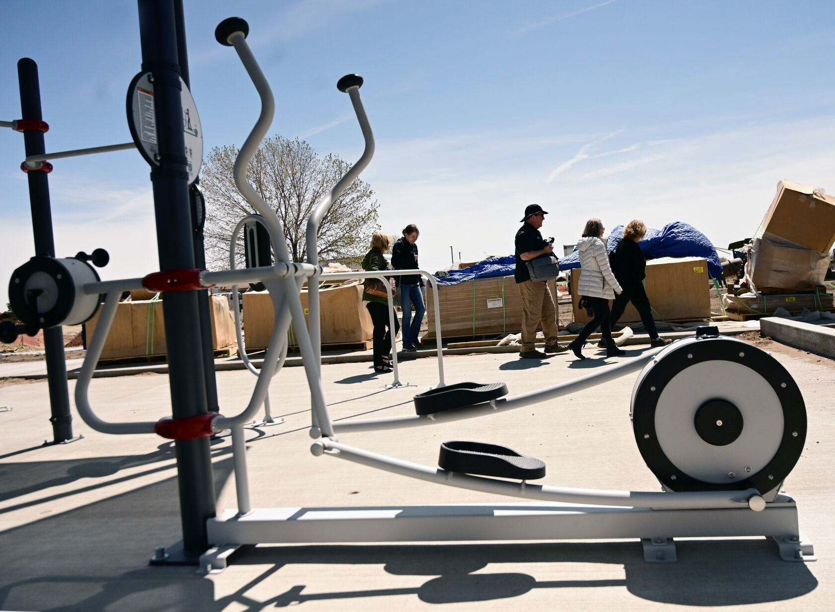 AARP sponsored this outdoor fitness park with a step machine built for the outdoors. Panorama Park will be reopening in southeastern Colorado Springs on July 16 with a complete makeover. Mayor Suthers and other area park representatives toured the park as it nears the end of construction on Tuesday, May 3, 2022. (Photo by Jerilee Bennett, The Gazette) (Jerilee Bennett)