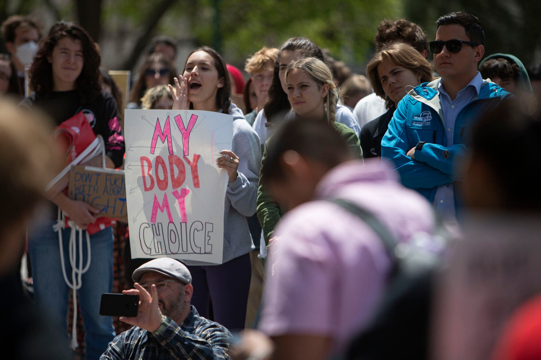 Isabella Conklin cheers during a speech by Rep. Leslie Herod during an abortion-rights protest on Tuesday, May 3, 2022, on the west steps of the state Capitol building in Denver, Colo. (Timothy Hurst/The Denver Gazette) (Timothy Hurst)