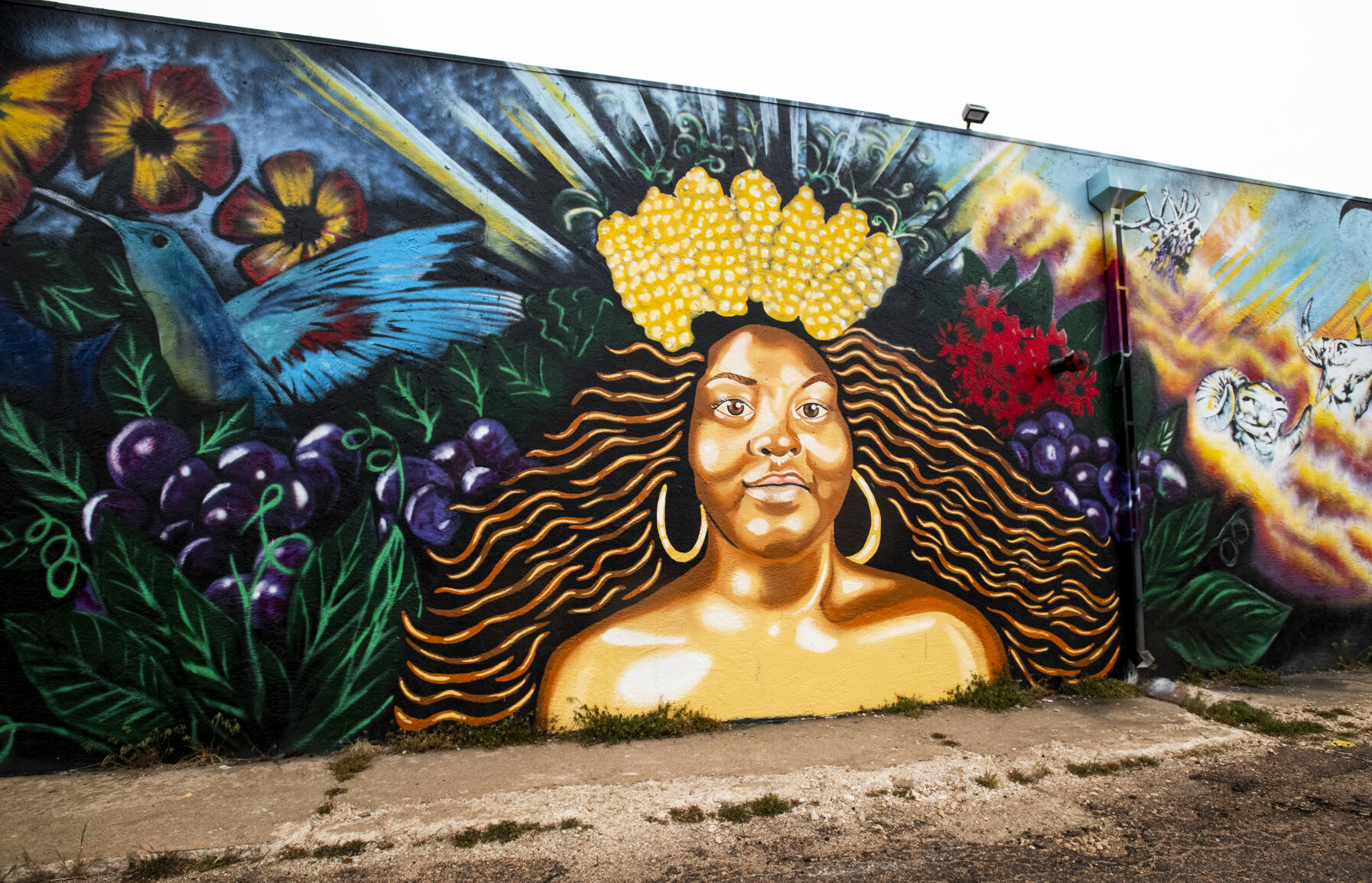 When artist Molly McClure thought of nurturers, she though of women and the ultimate nurturer, Mother Earth. The mural “Mother Earth” is painted on the west side of Platte Furniture in Colorado Springs. (Parker Seibold, The Gazette)
