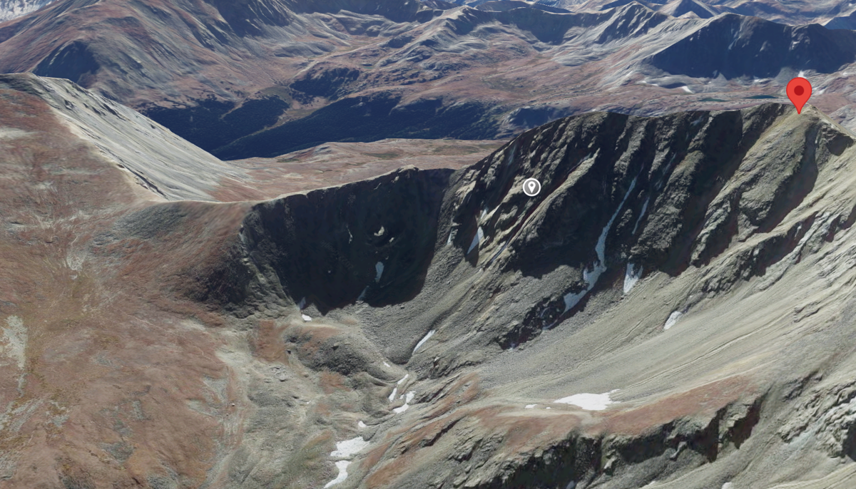 The grey dot on this rendering shows roughly where the climber got stuck. The red pin is the summit of Missouri Mountain, with Elkhead Pass being located to the left. Image: @2022 Google Maps.