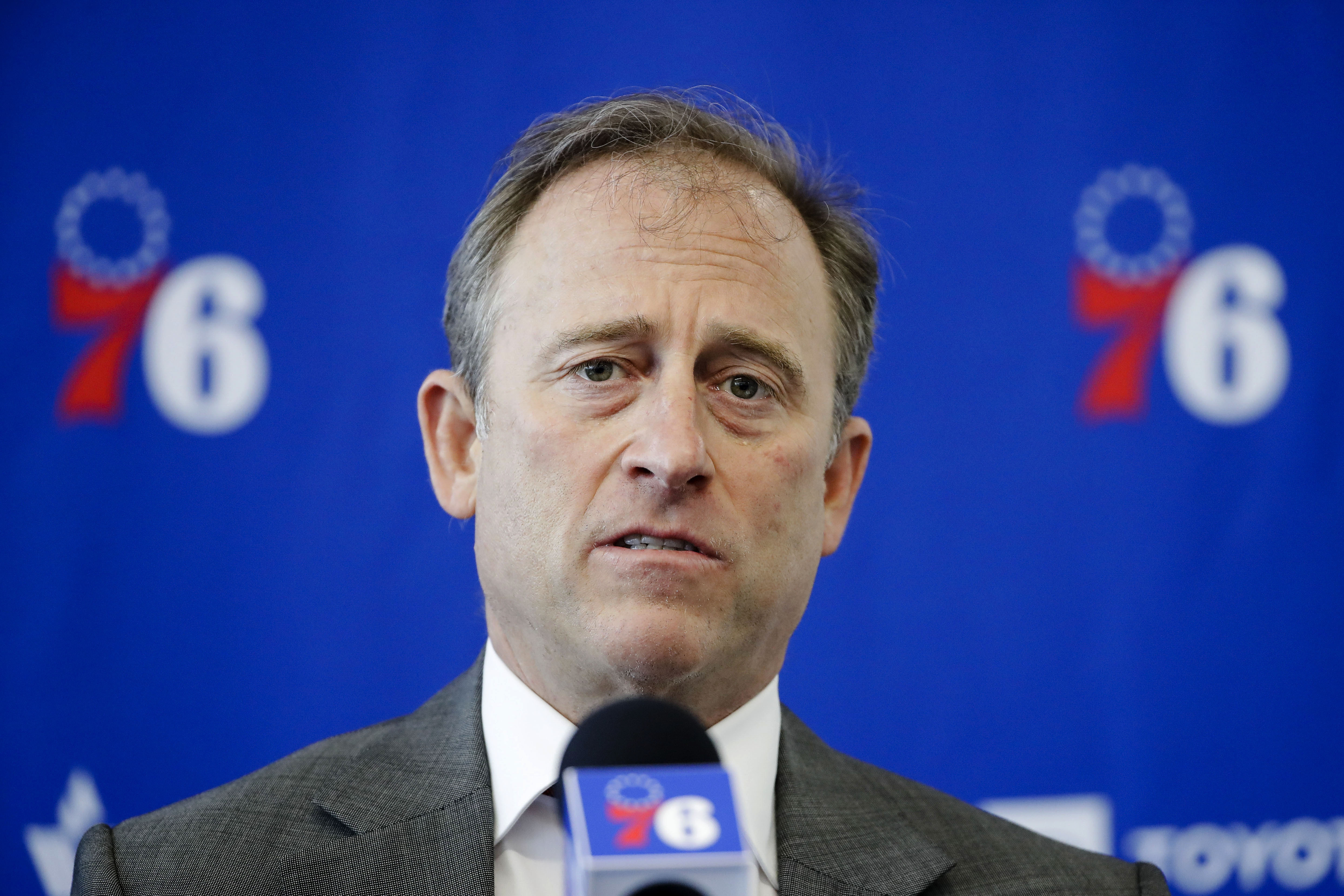 Philadelphia 76ers owner Josh Harris speaks with members of the media during a news conference at the NBA basketball team's practice facility in Camden, N.J., Tuesday, May 14, 2019. (AP Photo/Matt Rourke) (Matt Rourke)
