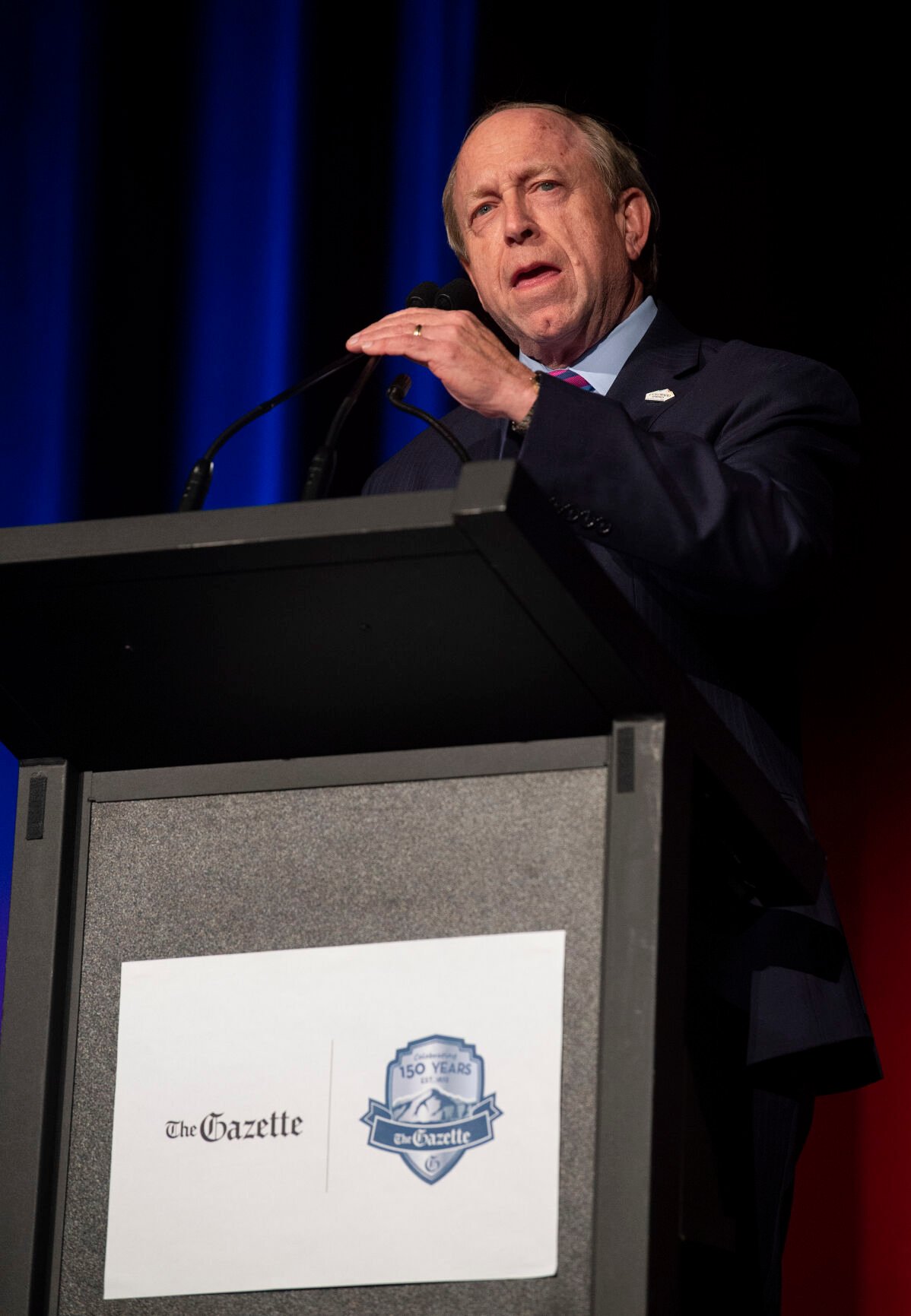 “Institutions do not survive for 150 years unless they have an enduring mission, the ability to adapt in carrying out that mission, and the leadership and vision to carry that mission forward,” Colorado Springs Mayor John Suthers said during The Gazette's 150th Anniversary at the Broadmoor International Center Thursday May 5, 2022. (Jeff Kearney)
