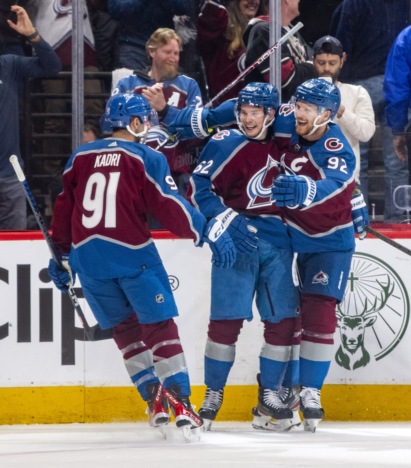 Colorado Avalanche left wing Artturi Lehkonen (62) celebrates with center Nazem Kadri (91) and left wing Gabriel Landeskog (92) after scoring the Colorado Avalanche’s fifth goal during the first period of Game 1 of the first round of the Stanley Cup Playoffs Tuesday, May 3, 2022, at Ball Arena in Denver. (The Gazette, Christian Murdock) (Christian Murdock/The Gazette)