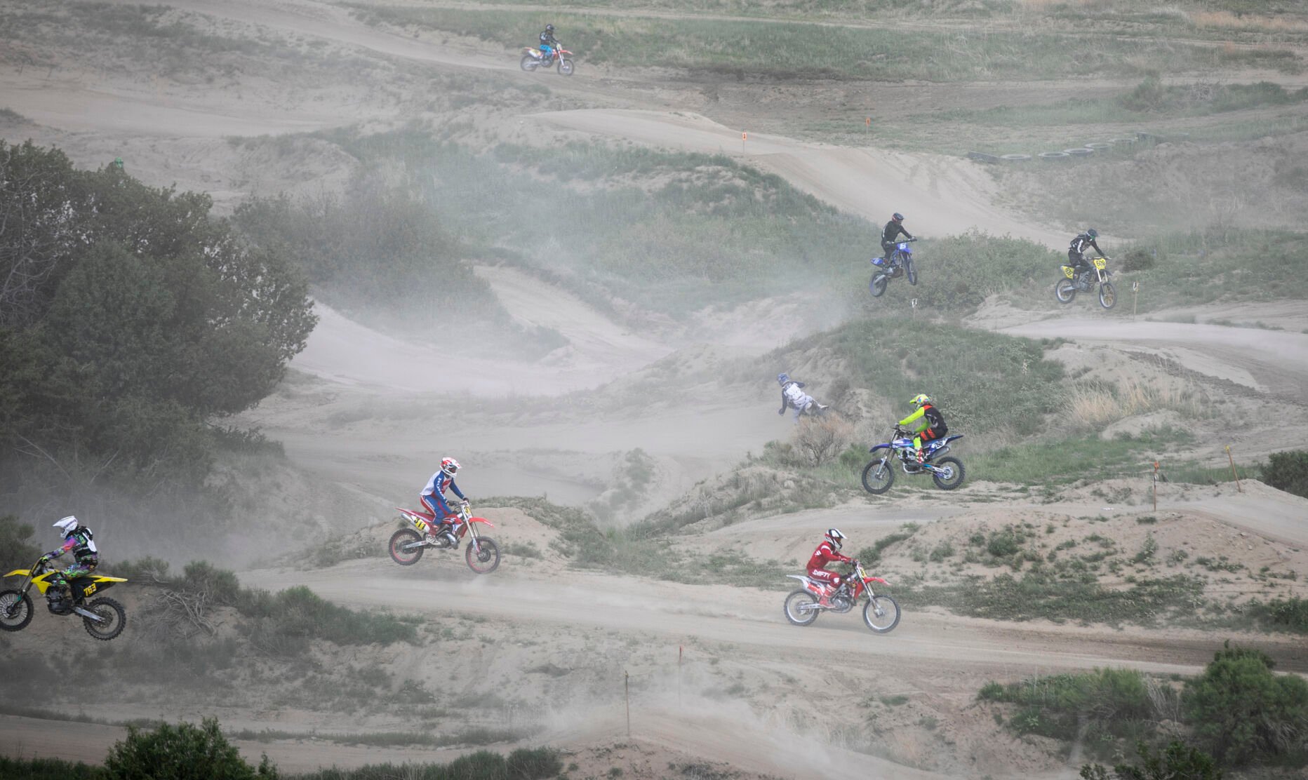 Racers create clouds of dust during a Colorado Off-Road Championship Series race at RAM Off-Road Park on June 6, 2021. The park hosts at least one CORCS race each season. (Parker Seibold)