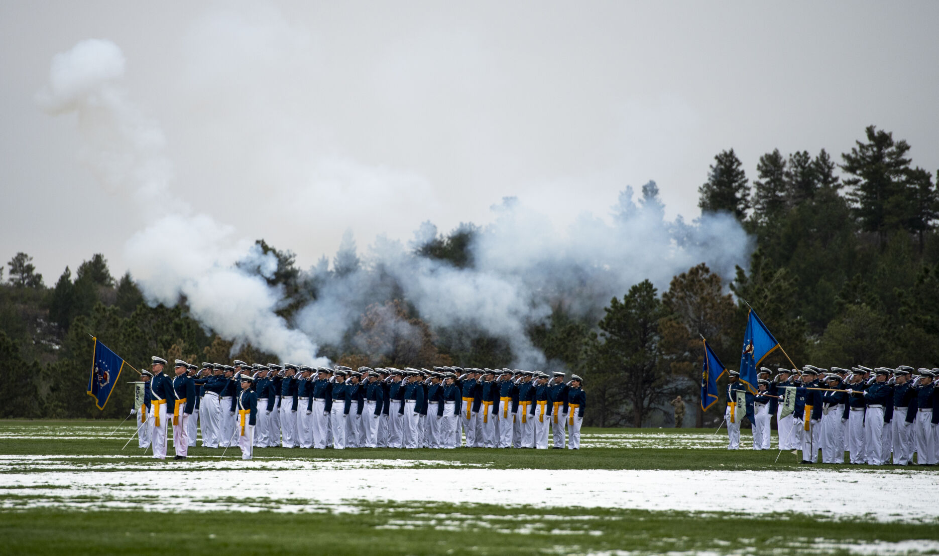 Despite a light drizzle and cold temperatures, prohibiting The Wing Of Blue parachute team from making an appearance, the Air Force Academy’s graduation parade went on as planned at the Sillman Parade Field on Tuesday, May 24. (Parker Seibold / The Gazette) (Parker Seibold / The Gazette)