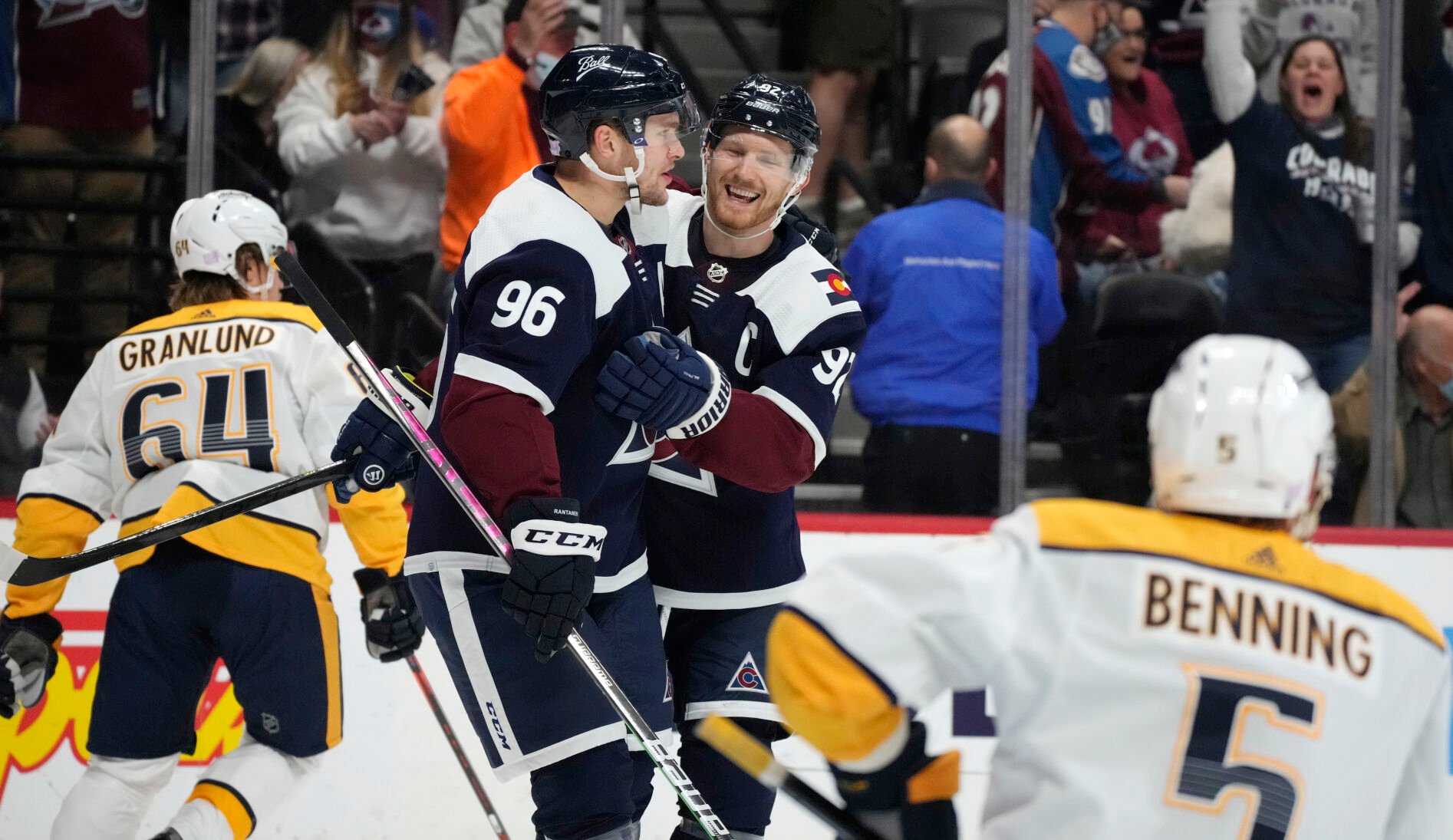 Avalanche right wing Mikko Rantanen (96) led Colorado in its only win over the Nashville Predators this season. He had three goals and an assist in the November contest. Rantanen is the Avs 2021-22 season leader with 36 goals and 92 points. (The Associated Press)