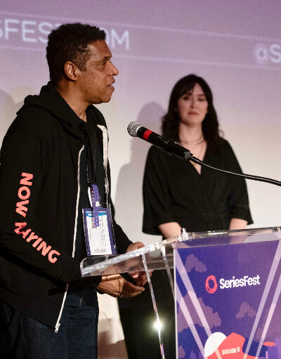 Denver native Harold Abrams makes his winning pitch. (Thomas Cooper / Getty Images for SeriesFest.)