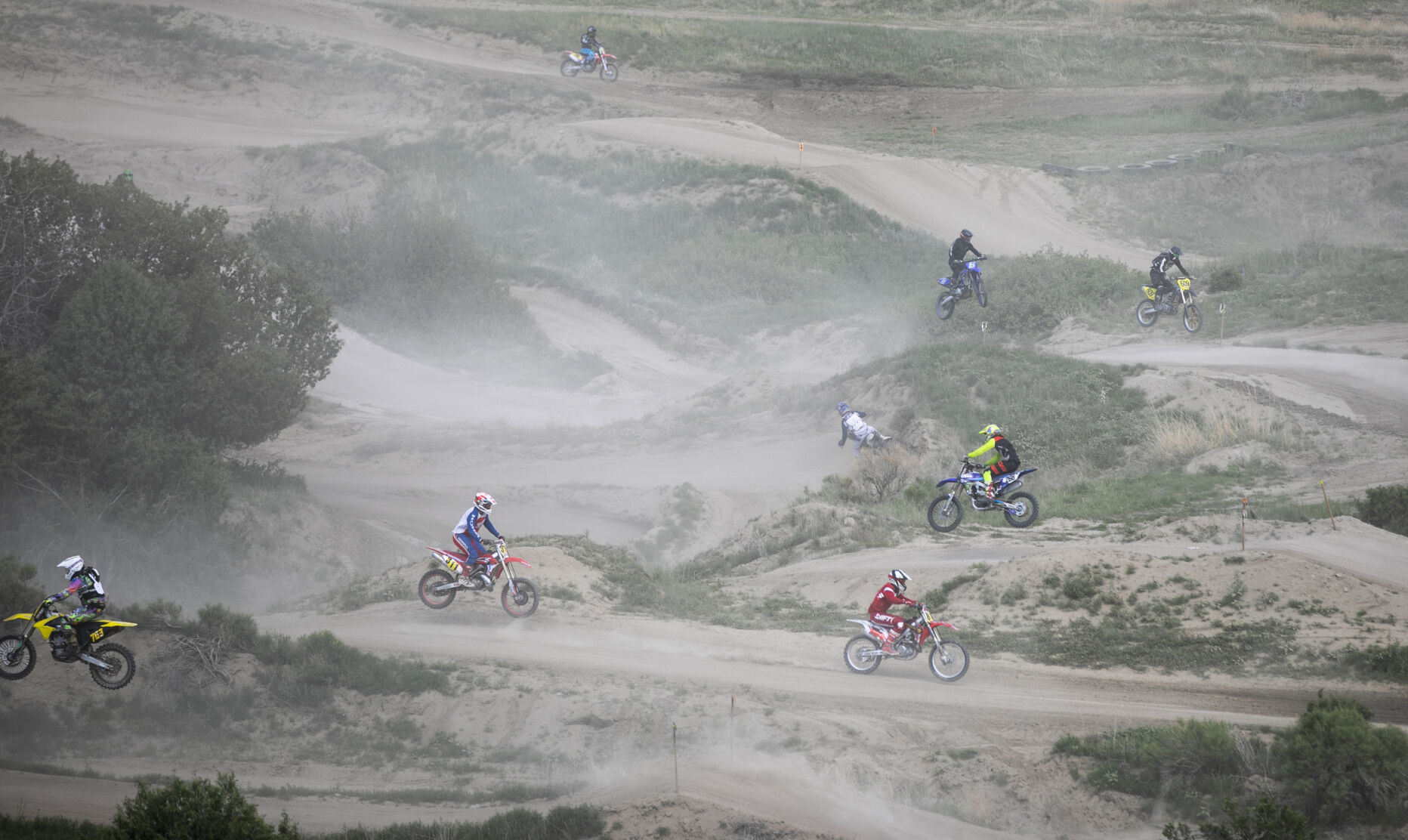 Racers create clouds of dust during a Colorado Off-Road Championship Series race at RAM Off-Road Park on June 6, 2021. The park hosts at least one CORCS race each season. (Parker Seibold)