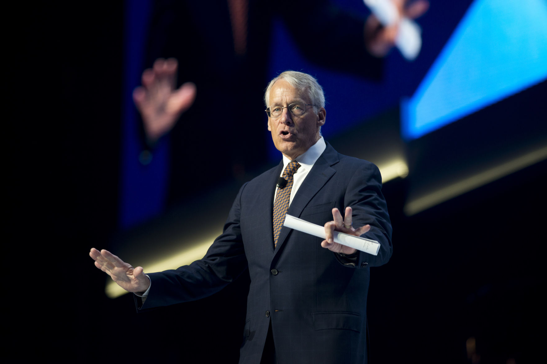 Rob Walton, then chairman of the board, speaks at the annual Walmart shareholders meeting in Fayetteville, Ark., in June 2014. (Associated Press file)
