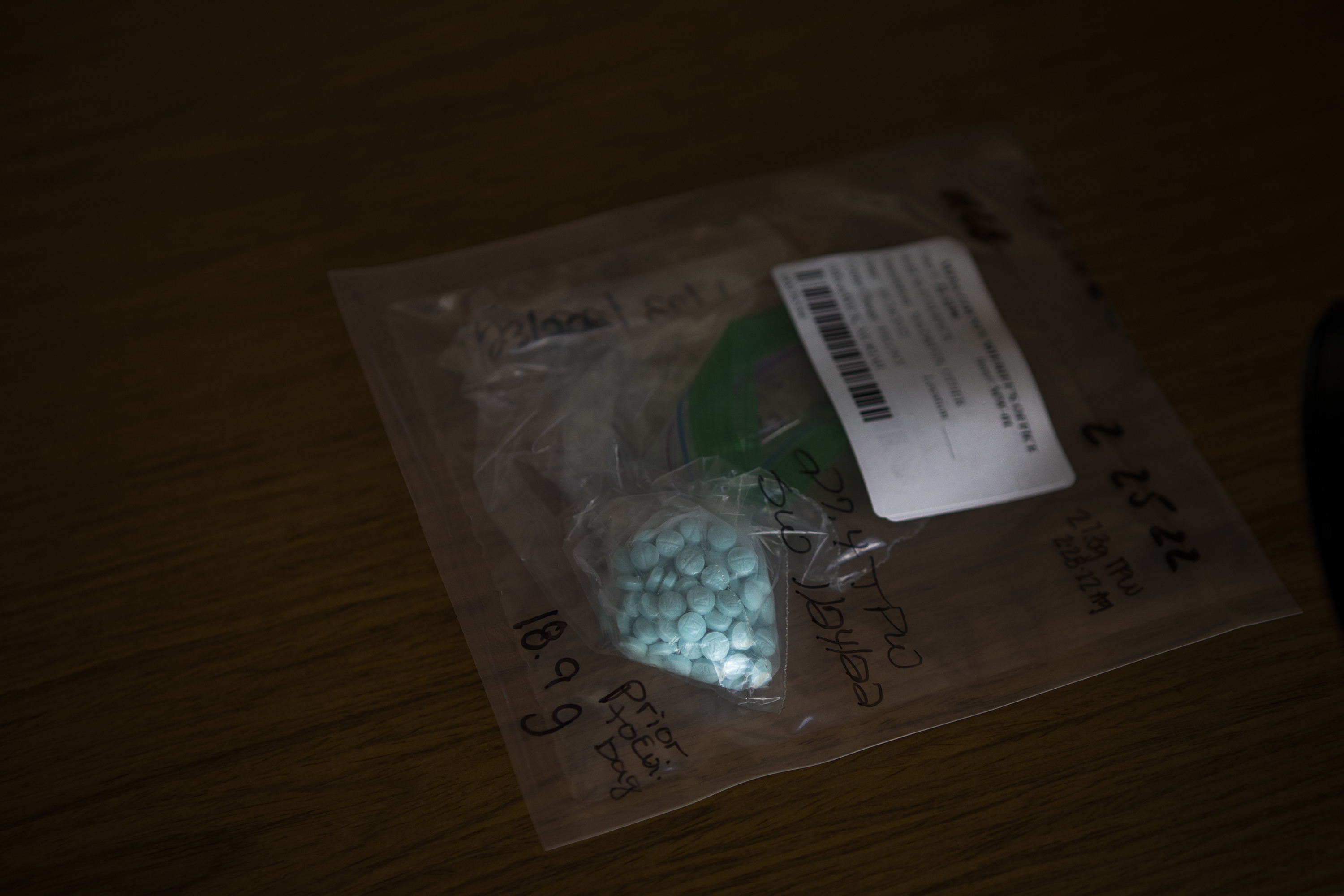 A bag of fentanyl pressed into blue pills is marked as evidence on Tuesday, April 19, 2022, at the Mesa County Sheriff's Office in Grand Junction, Colo. (Timothy Hurst/The Denver Gazette) (Timothy Hurst)