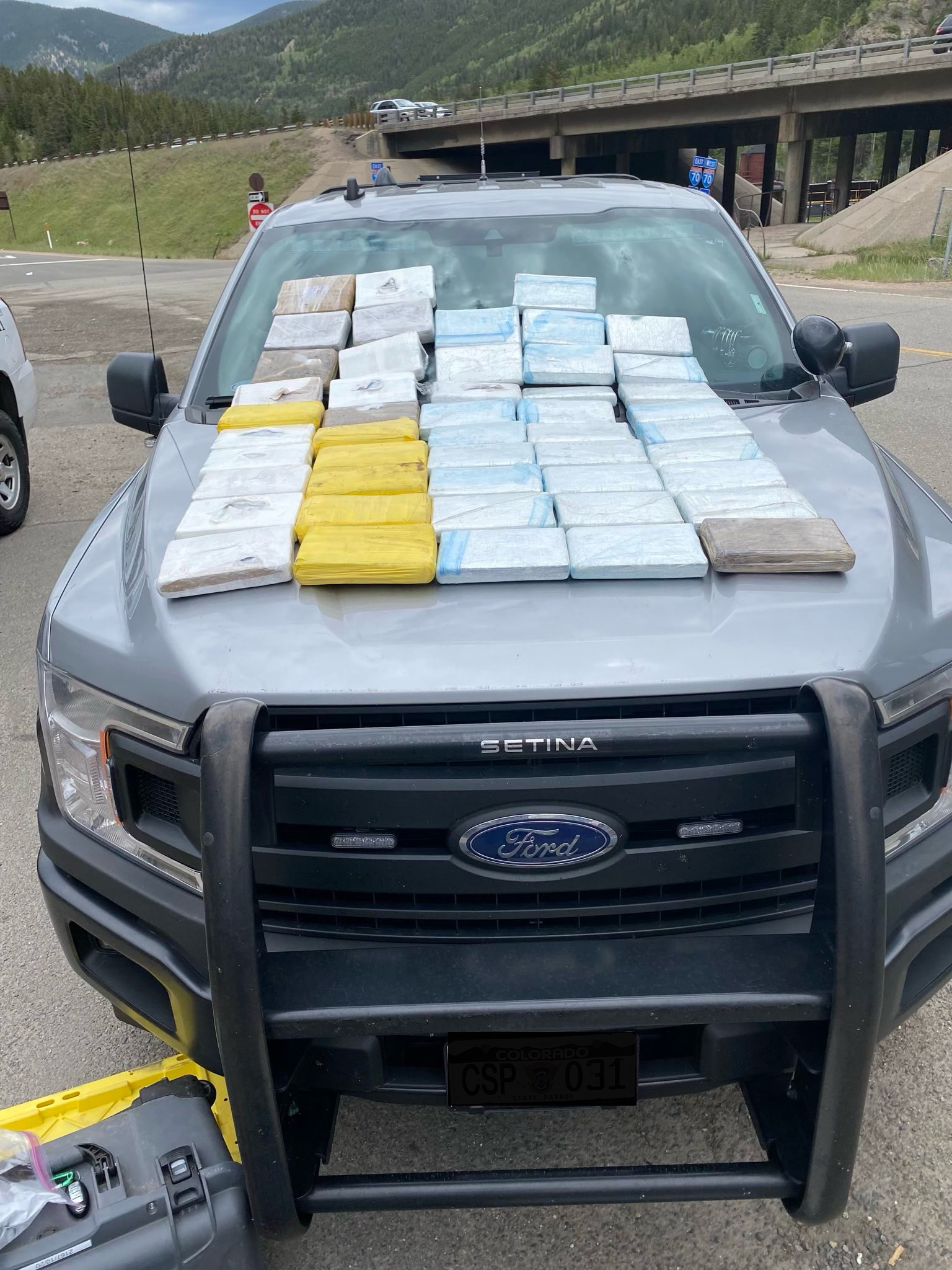 This is what 114 pounds of pure fentanyl powder looks like. It was found underneath the floorboard of a car on June 20, 2022, and is believed to be the largest ever seizure on a U.S. highway to date. The car was stopped headed east to Denver around Georgetown on Interstate 70. (Courtesy of Colorado State Patrol)
