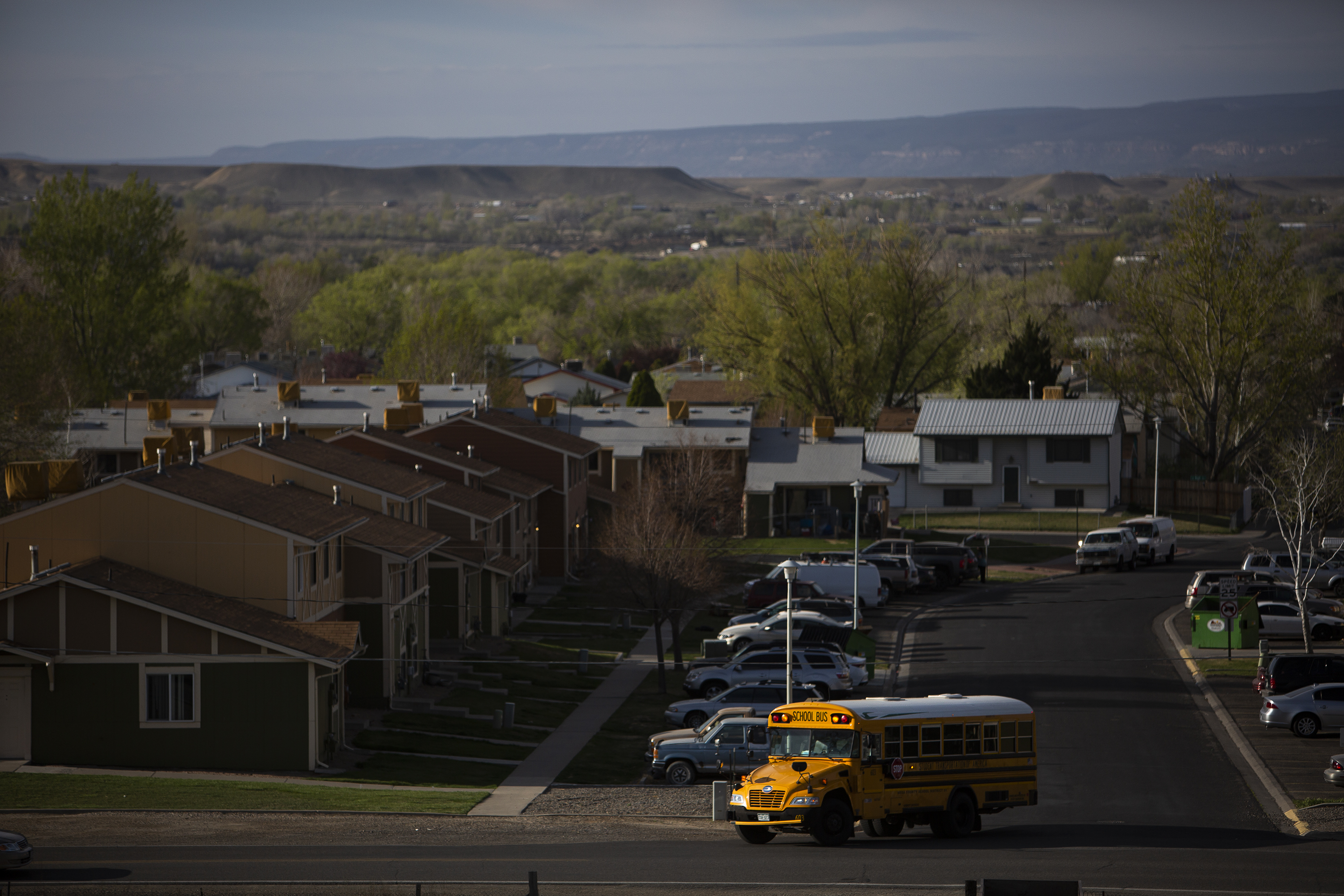 A school bus drives through a neighborhood in Clifton, the city butted up against Grand Junction, as seen on Tuesday, April 19, 2022, in Mesa County, Colo. (Timothy Hurst/The Denver Gazette) (Timothy Hurst)