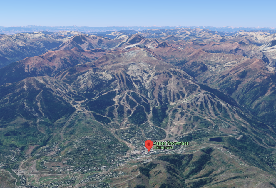 This map shows the terrain of Snowmass Ski Area, which is home to many mountain biking trails when snow isn't on the ground. Map Credit: ©2022 Google Maps.