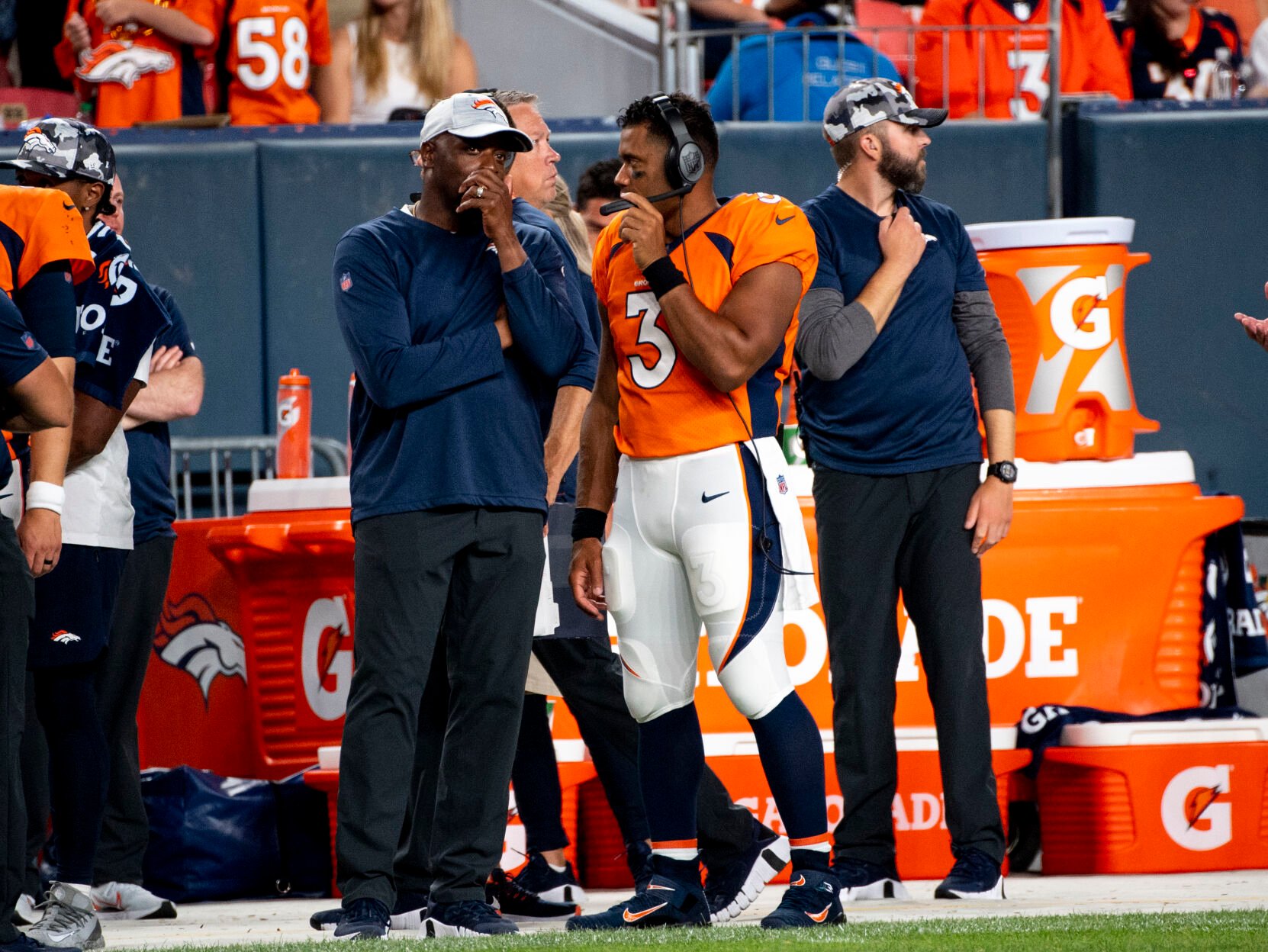 Denver Broncos quarterback Russell Wilson (3) stands on the sidelines during the third and final preseason game of the year against the Minnesota Vikings at Empower Field at Mile High in Denver on Saturday, Aug. 27, 2022. (Parker Seibold / The Gazette) (Parker Seibold / The Gazette)
