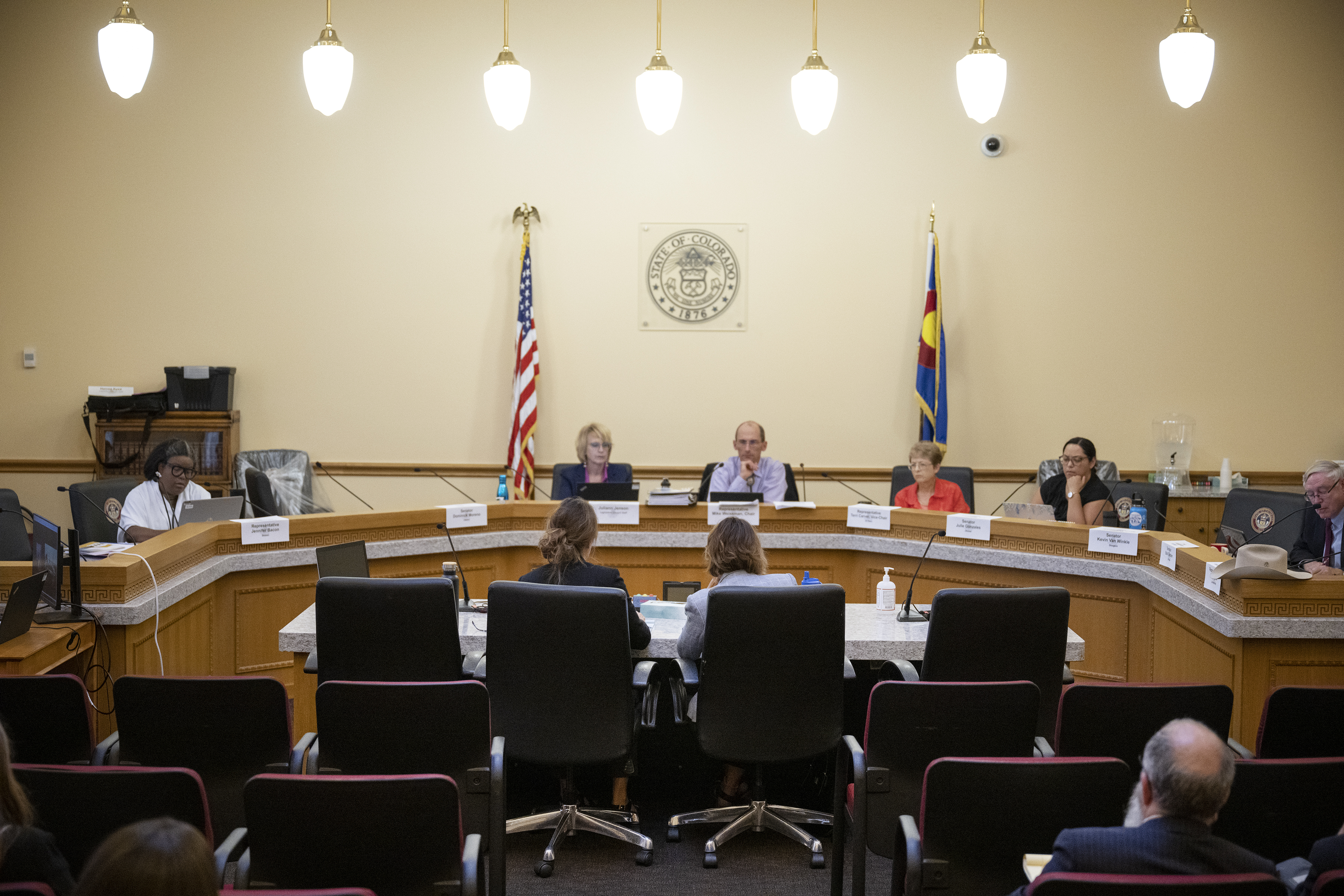 Investigations Law Group senior investigator and CEO Elizabeth Rita, left, and senior investigator and managing partner Anne McCord testify before the Legislative Interim Committee on Judicial Discipline on Wednesday, August 10, 2022, at the State Capitol building in Denver, Colo. (Timothy Hurst/The Denver Gazette) (Timothy Hurst)