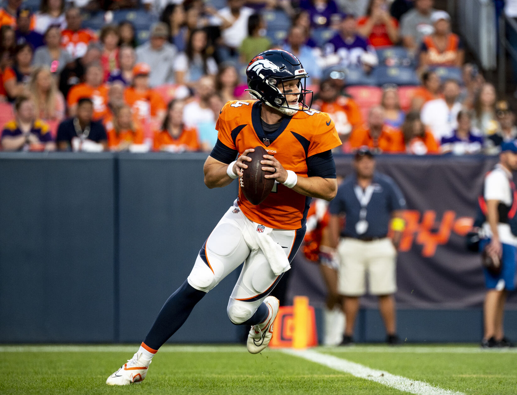 Denver Broncos quarterback Brett Rypien (4) eyes the field as he prepares to throw the ball during the third and final preseason game of the year against the Minnesota Vikings at Empower Field at Mile High in Denver on Saturday, Aug. 27, 2022. (Parker Seibold / The Gazette) (Parker Seibold / The Gazette)