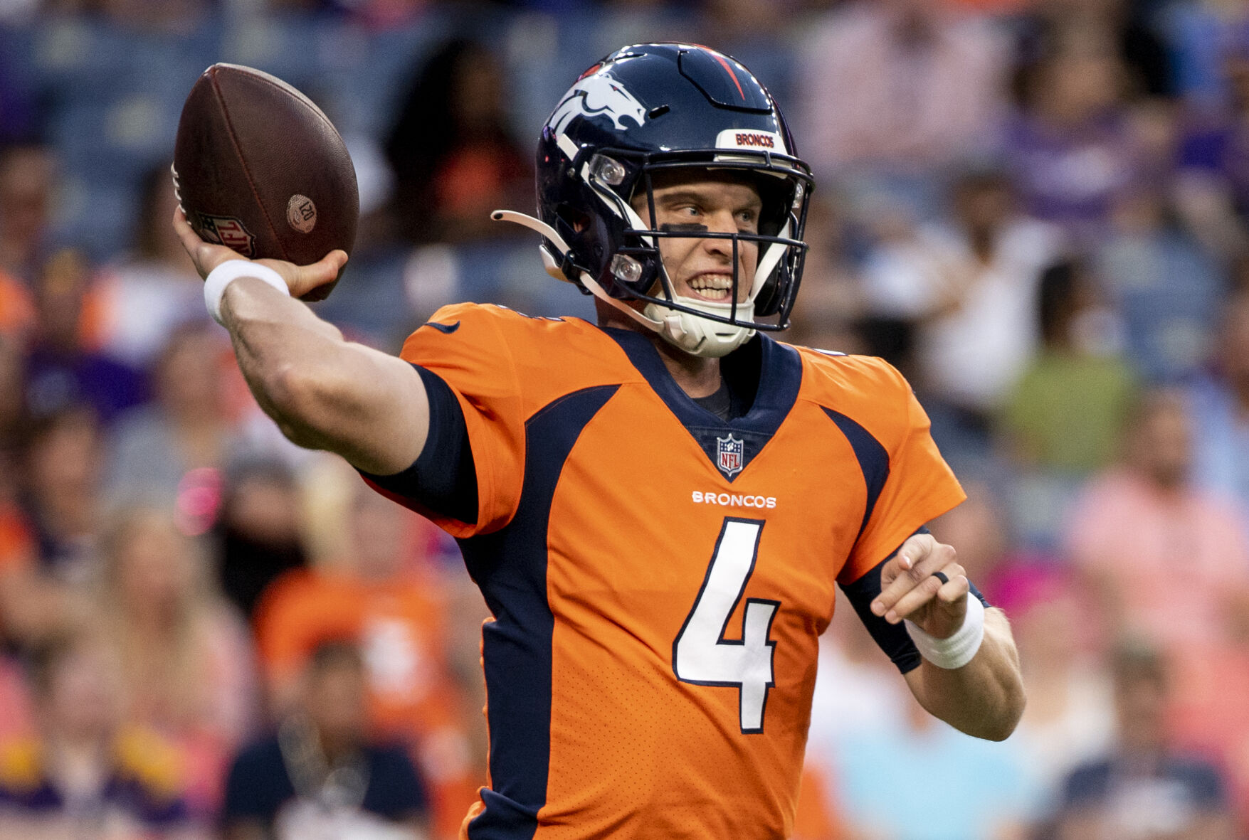 Denver Broncos quarterback Brett Rypien (4) throws the ball during the first quarter of the third and final preseason game of the year against the Vikings at Empower Field at Mile High in Denver on Saturday, Aug. 27, 2022. (Parker Seibold / The Gazette) (Parker Seibold / The Gazette)