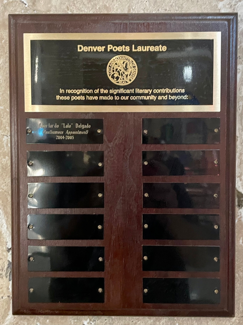 Denver's official Poets Laureate plaque only acknowledges one poet ... although there only have been two. (John Moore)