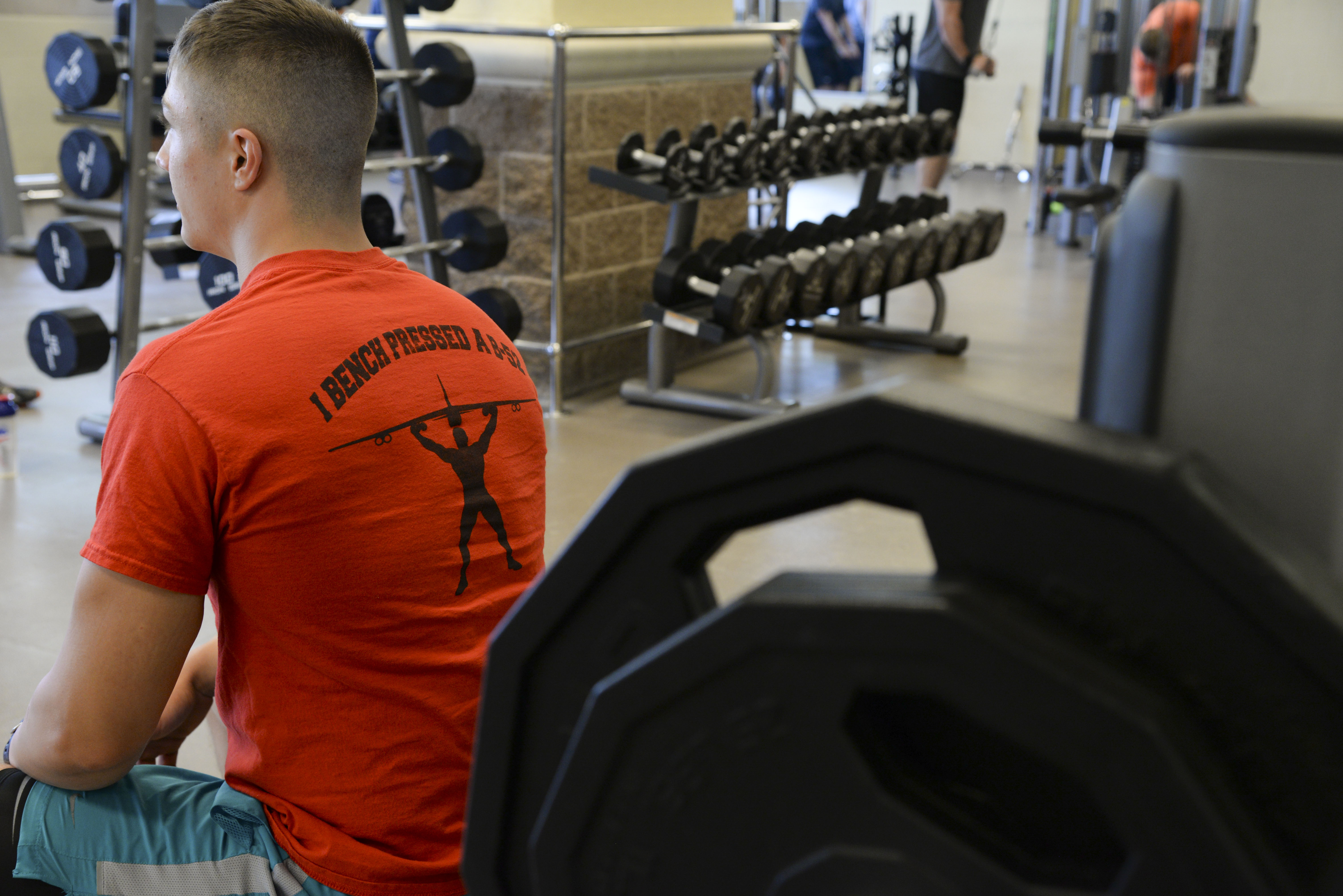Airman 1st Class Dillon Vakoff, 96th Bomb Squadron aviation resource manager, rests between sets at the Senior Airman Bryan Bell Fitness Center at Barksdale Air Force Base, La., Aug. 31, 2015. Vakoff received a B-52 shirt upon completing the Bench a B-52 incentive program. The program was implemented to encourage and motivate Team Barksdale to reach new fitness goals. ((U.S. Air Force photo/Senior Airman Jannelle Dickey))