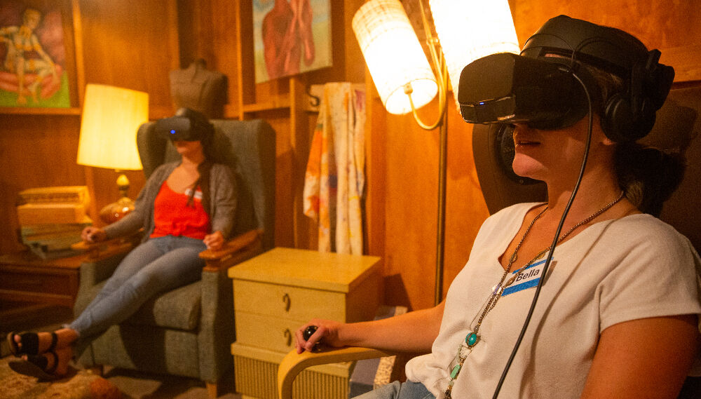 'Theater of the Mind' culminates with a scene in an attic where audience members sit back in comfy chairs and take in a climactic scene that plays out in virtual reality. (Matthew DeFeo)
