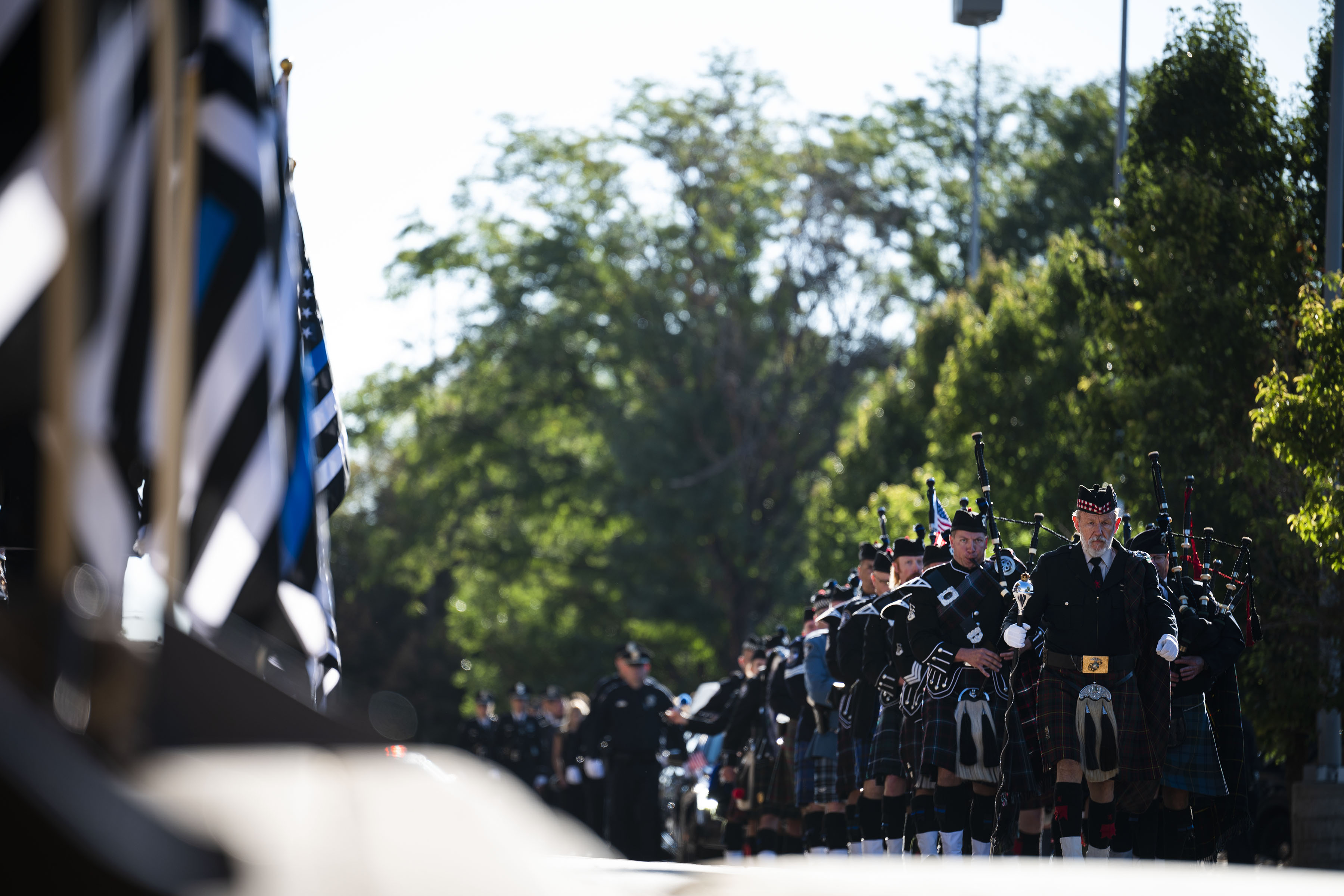 Bagpipers escort the hearse carrying fallen Arvada Police officer Dillon Vakoff to the front of the church on Friday, Sept. 16, 2022, at Flatirons Community Church in Lafayette, Colo. Vakoff was killed in the line of duty last Sunday while responding to a call in Arvada. (Timothy Hurst/The Denver Gazette) (TimHursttim.hurst@gazette.comhttps://secure.gravatar.com/avatar/aca82bd62b4ee425c598527cd6faa1b1?d=mm&r=g)