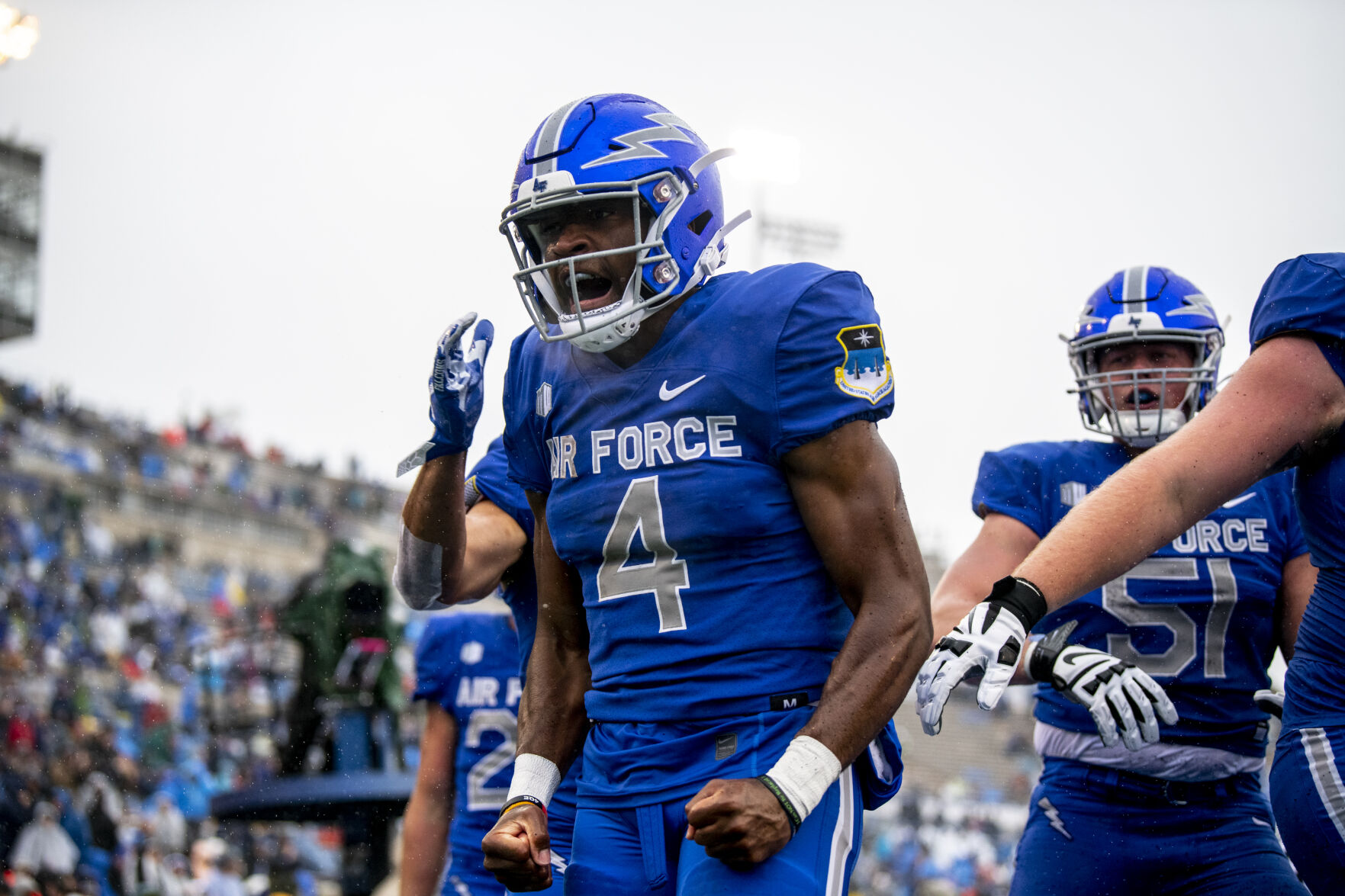 Air Force Falcons quarterback Haaziq Daniels (4) after scoring a touchdown during the third quarter of the game against the Colorado at Falcon Stadium in Colorado Springs, Colo., on Saturday, Sept. 10, 2022. (The Gazette, Parker Seibold) (The Gazette, Parker Seibold)