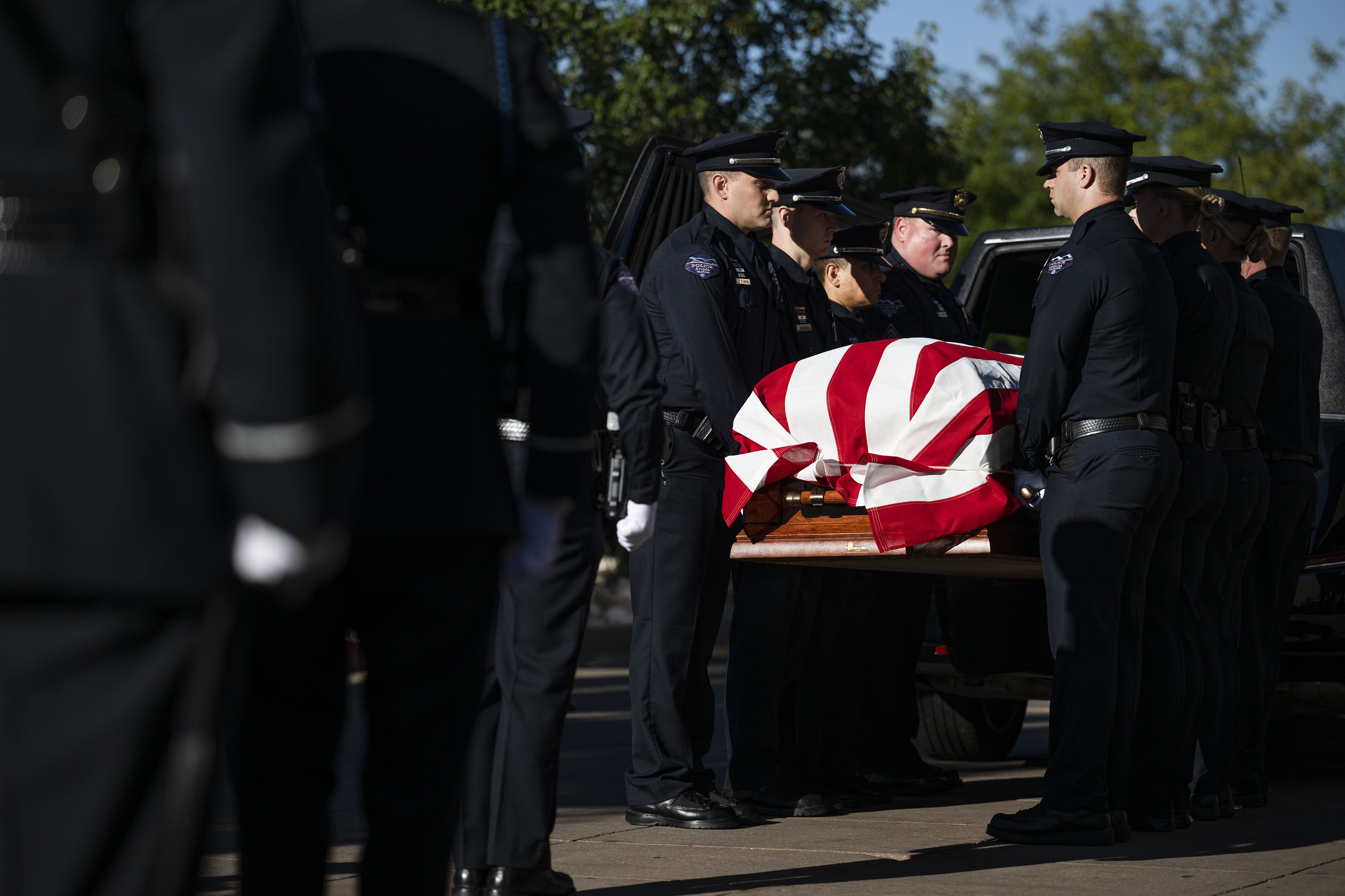 Police officers carry the casket of fallen Arvada Police officer Dillon Vakoff into the church during his funeral procession on Friday, Sept. 16, 2022, at Flatirons Community Church in Lafayette, Colo. Vakoff was killed in the line of duty last Sunday while responding to a call in Arvada. (Timothy Hurst/The Denver Gazette) (TimHursttim.hurst@gazette.comhttps://secure.gravatar.com/avatar/aca82bd62b4ee425c598527cd6faa1b1?d=mm&r=g)