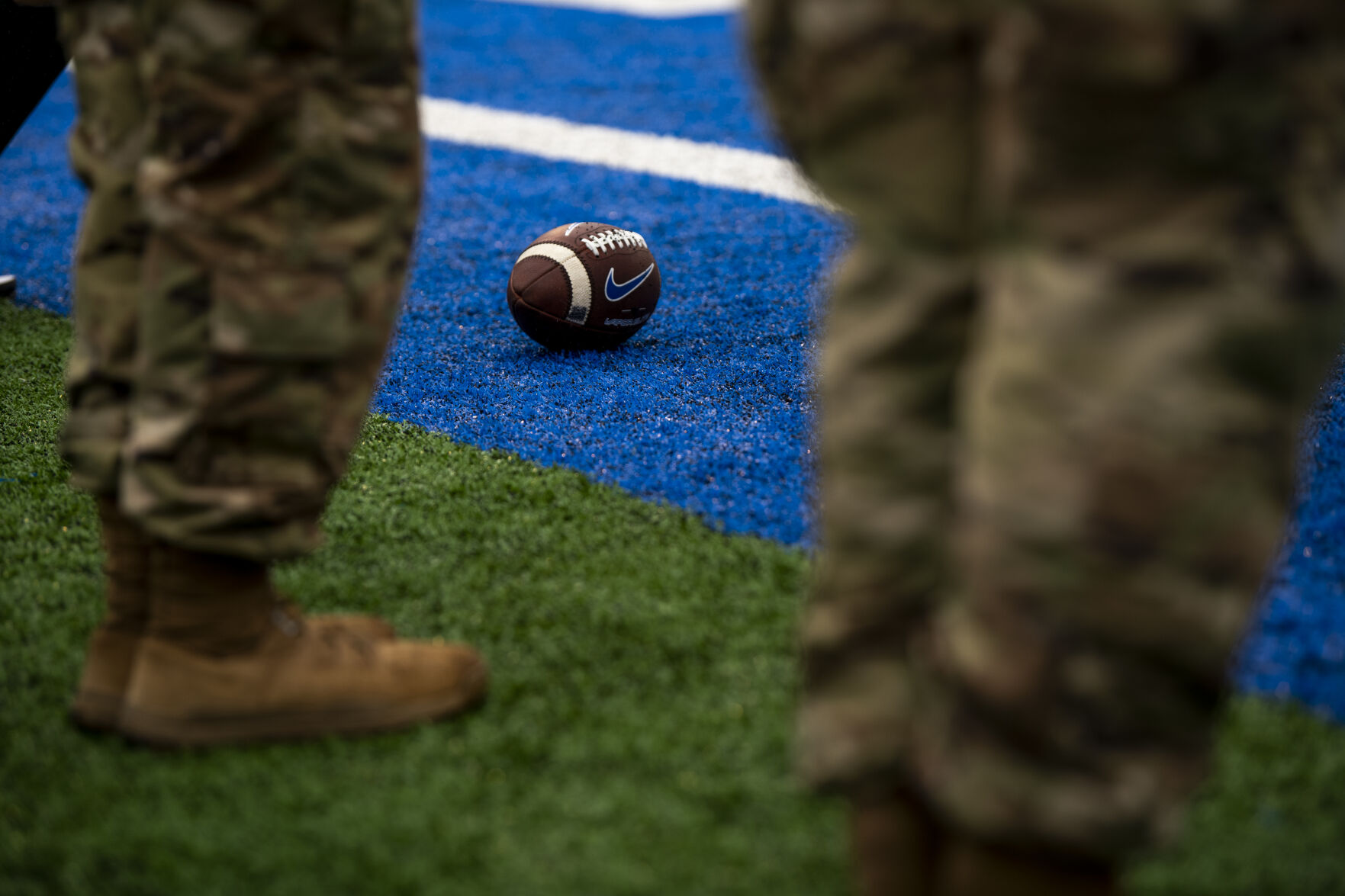 A ball lies at the feet of the Air Force Academy band as they play before the Falcons’ game against the Colorado University Buffaloes at Falcon Stadium in Colorado Springs, Colo., on Saturday, Sept. 10, 2022. (The Gazette, Parker Seibold) (Parker Seibold/ The Gazette)
