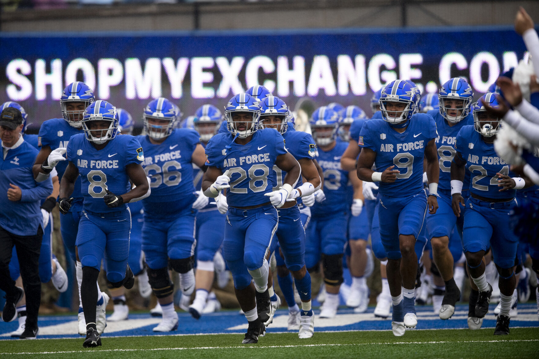The Air Force Falcons run onto the field before the game against Colorado University Buffaloes at Falcon Stadium in Colorado Springs, Colo., on Saturday, Sept. 10, 2022. (The Gazette, Parker Seibold) (Parker Seibold/ The Gazette)