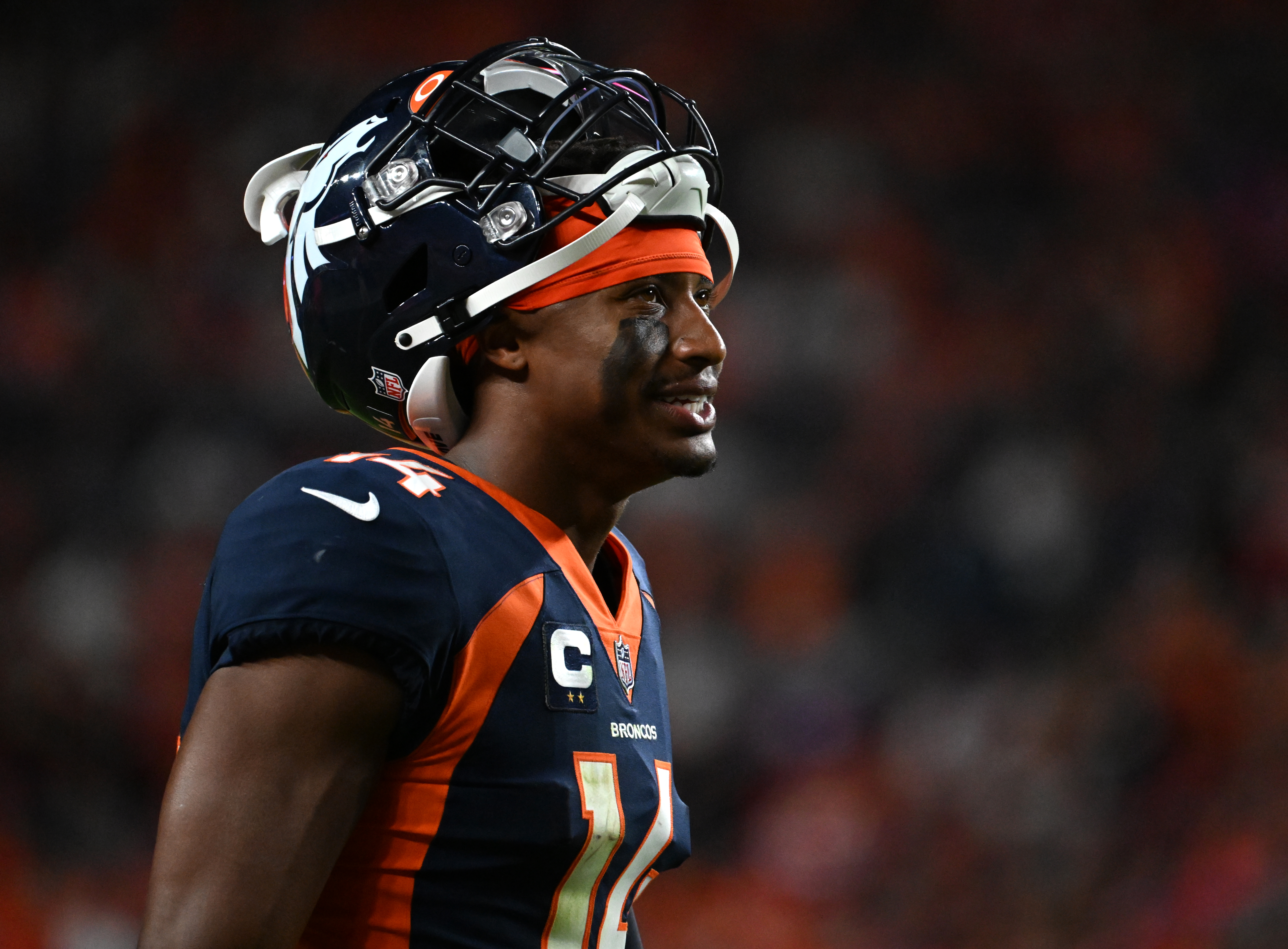 Denver Broncos wide receiver Courtland Sutton (14) walks back to the huddle during the second quarter against the San Francisco 49ers Sunday, Sept. 25, 2022, at Empower Field at Mile High in Denver. (The Gazette, Christian Murdock) (Christian Murdock/The Gazette)