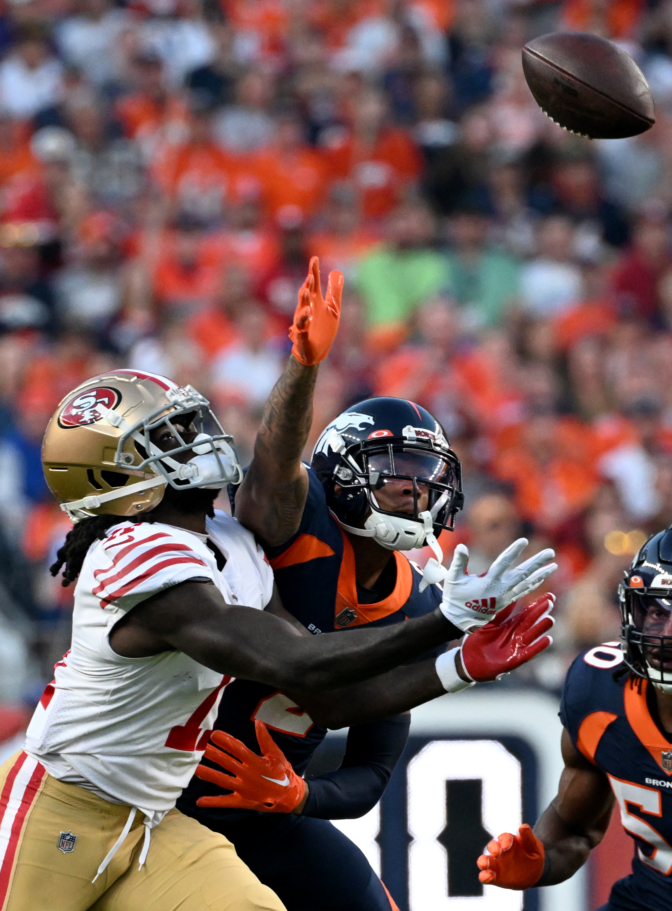 Denver Broncos cornerback Pat Surtain II (2) breaks up a pass intended for San Francisco 49ers wide receiver Brandon Aiyuk (11) during the first quarter Sunday, Sept. 25, 2022, at Empower Field at Mile High in Denver. (The Gazette, Christian Murdock) (Christian Murdock/The Gazette)