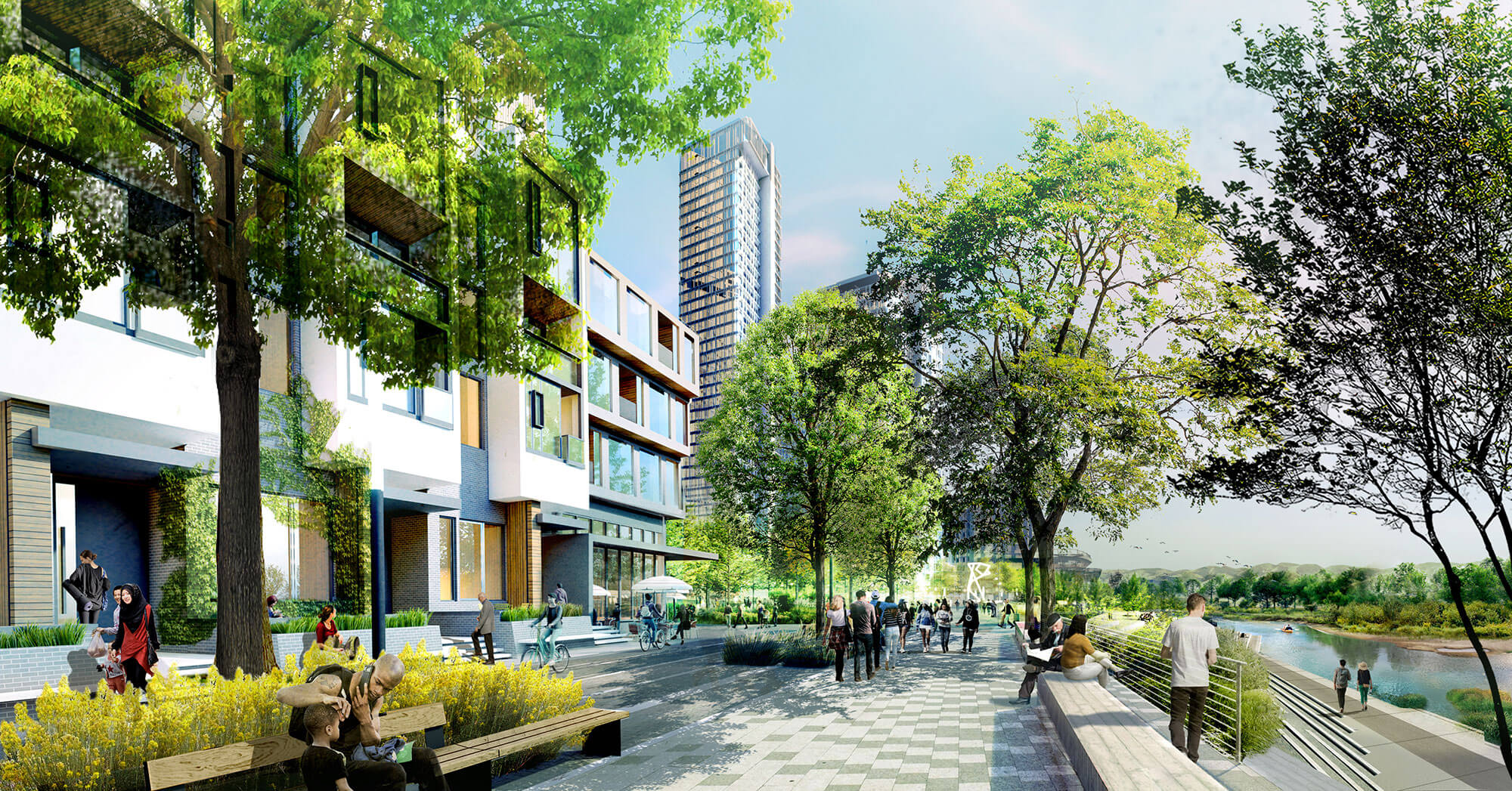 Rendering of The River Mile project, transforming the landscape along the Platte River between the Pepsi Center and Empower Field, one project highlighted by the Downtown Denver Partnership during the Colorado Commercial Real Estate Symposium (COURTESY OF RIVESCO PROPERTIES)