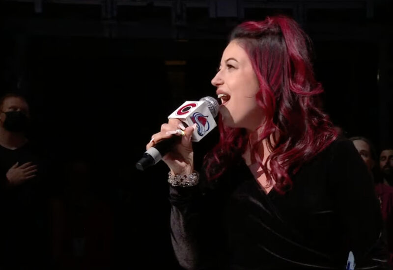 Amanda Hawkins sings the National Anthem before Game 1 of the 2022 Stanley Cup Finals between the Tampa Bay Lightning and the Colorado Avalanche. (Courtesy ESPN screen shot)