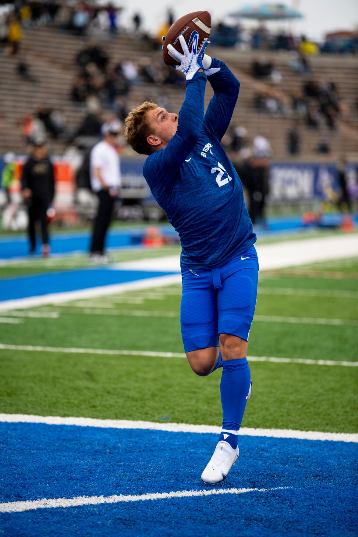 Air Force Falcons wide receiver Cade Harris (21) catches the ball during warmups before the game against the Colorado University Buffaloes at Falcon Stadium in Colorado Springs, Colo., on Saturday, Sept. 10, 2022. (The Gazette, Parker Seibold) (Parker Seibold/ The Gazette)