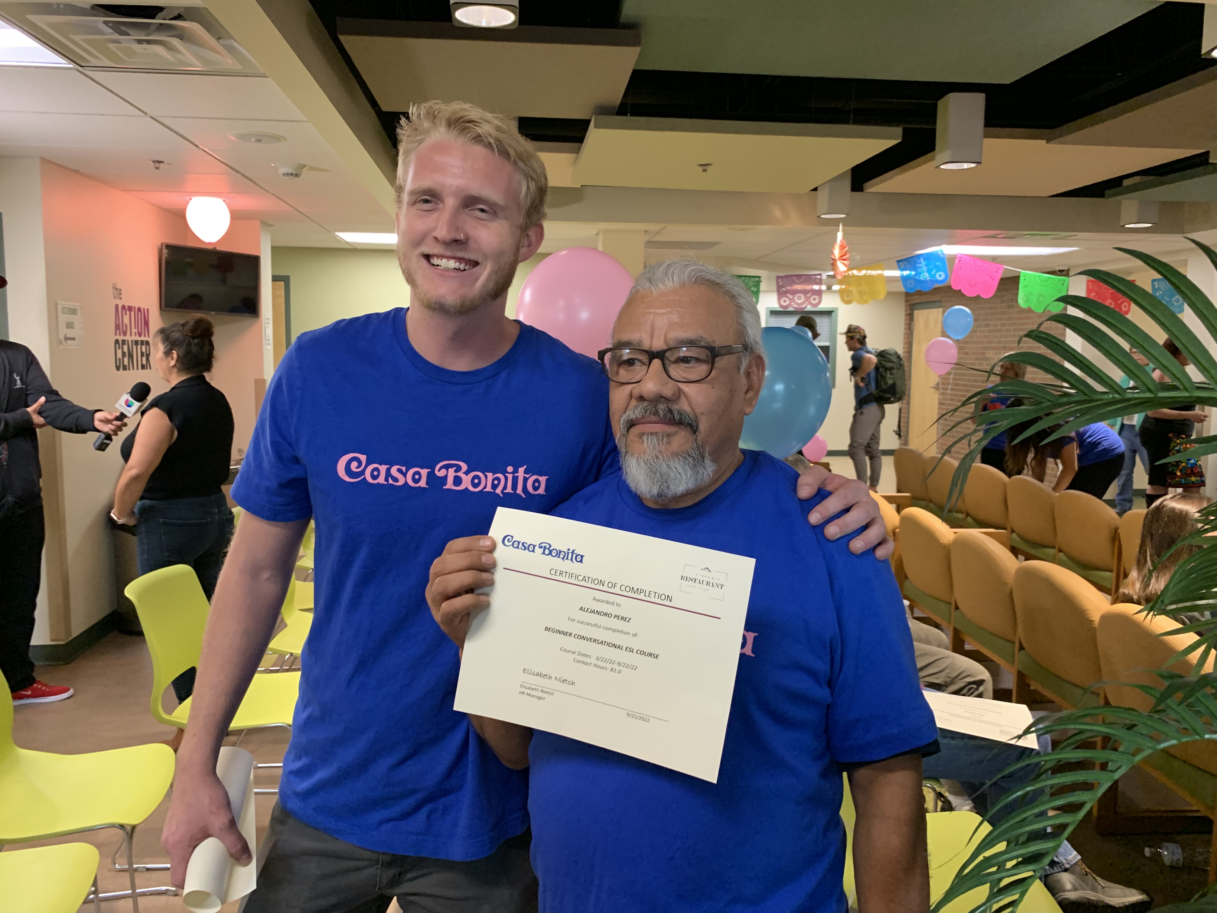 Casa Bonita employees Beau Gentry (left) and Alex Perez. Last week, 29 longtime Casa Bonita employees graduated from a free 26-week language class that taught Spanish speakers more English and the English speakers more Spanish. The employees have been kept on the payroll despite the landmark restaurant at 6715 W. Colfax Ave. being closed for a year for renovations. (DennisHuspeniCity Editordennis.huspeni@gazette.comhttps://denvergazette.com/content/tncms/avatars/c/5a/fbd/c5afbd32-5030-11eb-bdef-030d9de52a9e.779683cee495ffe64766291c251a8894.png)